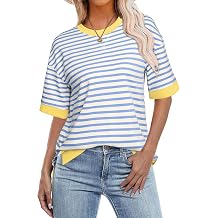 Glamaker Short Sleeve Lightweight Sweatshirt For Women Crewneck Striped Shirt Pullover Tops Loose Blouses