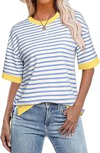 Glamaker Short Sleeve Lightweight Sweatshirt For Women Crewneck Striped Shirt Pullover Tops Loose Blouses