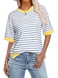 Glamaker Short Sleeve Lightweight Sweatshirt for Women Crewneck Striped Shirt Pullover Tops Loose Blouses