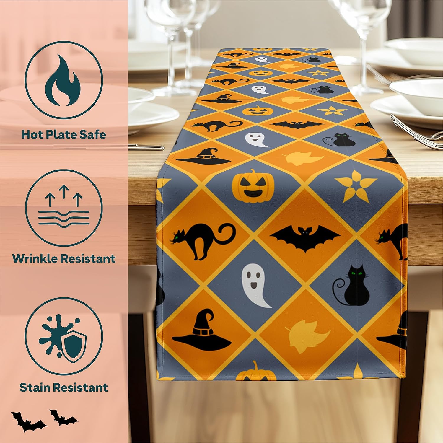 Halloween Table Decorations | Pumpkins Ghost Black Cat Witches Hat | Fall Orange Argyle Theme | Washable, Stain & Wrinkle Resistant | USA Made | 14 x 72 Inches Long