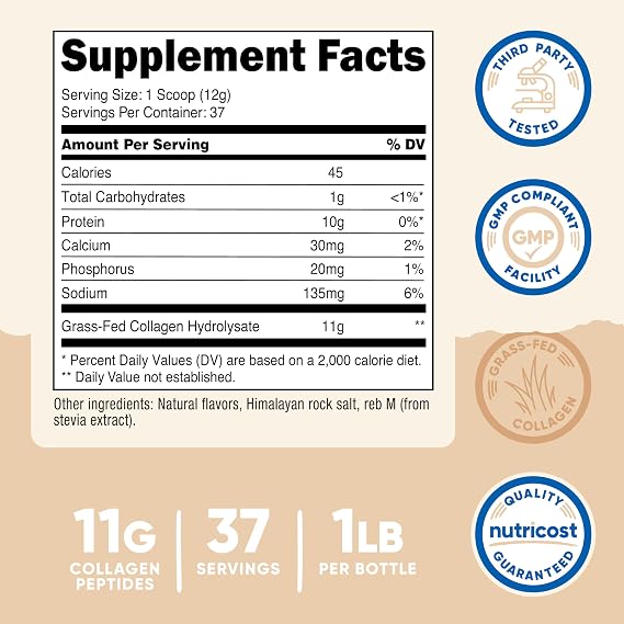 Nutricost Collagen Peptides Powder (Vanilla) 1LB (454 G) Grass Fed