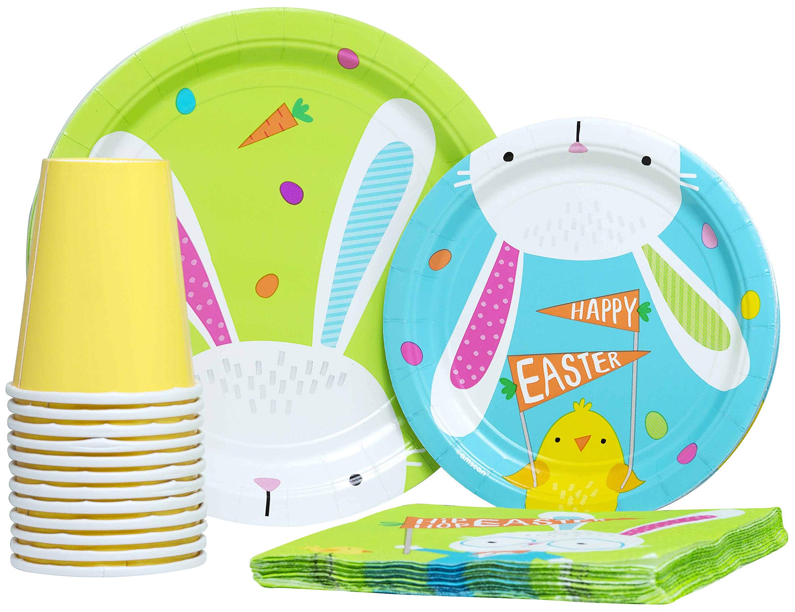 Hello Bunny (Easter) Pack! Disposable Paper Plates, Napkins and Cups Set for 15 (With free extras)