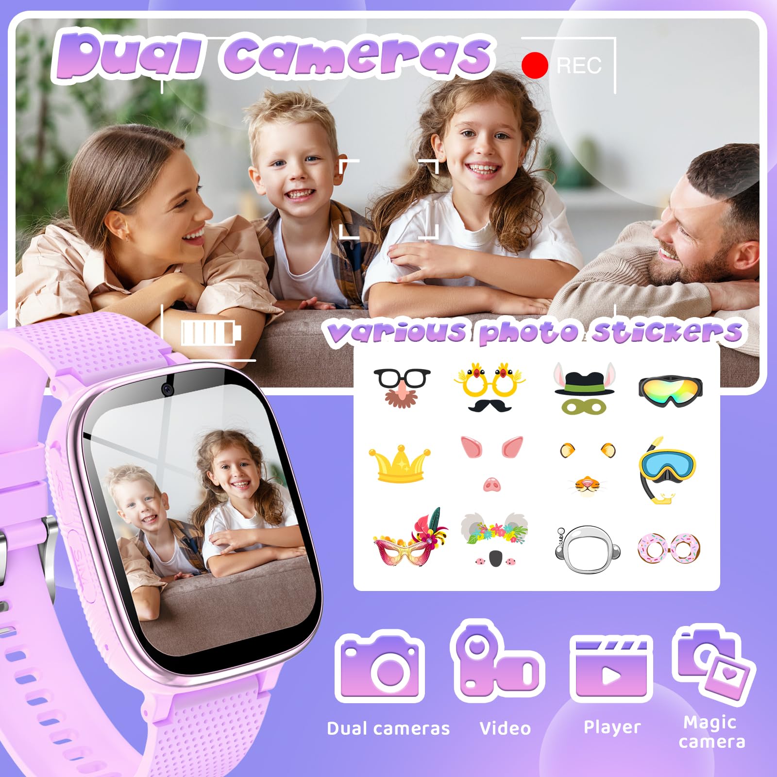 PTHTECHUS Orologio Smartwatch Bambini, Giochi, Chiamate, Contapassi, Smartwatch per Bambini con 2 Fotocameras, SOS, Lettore Musicale, 4-12 anni bambini Festiva Regalo