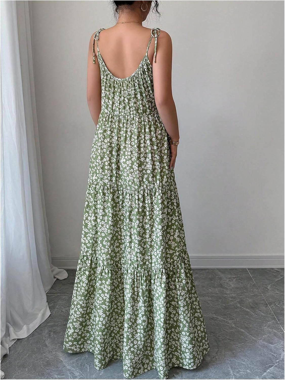 Floerns Women's Summer Maxi Dress Floral Tie Shoulder Tiered Flowy Beach Vacation Clothes - Image 3