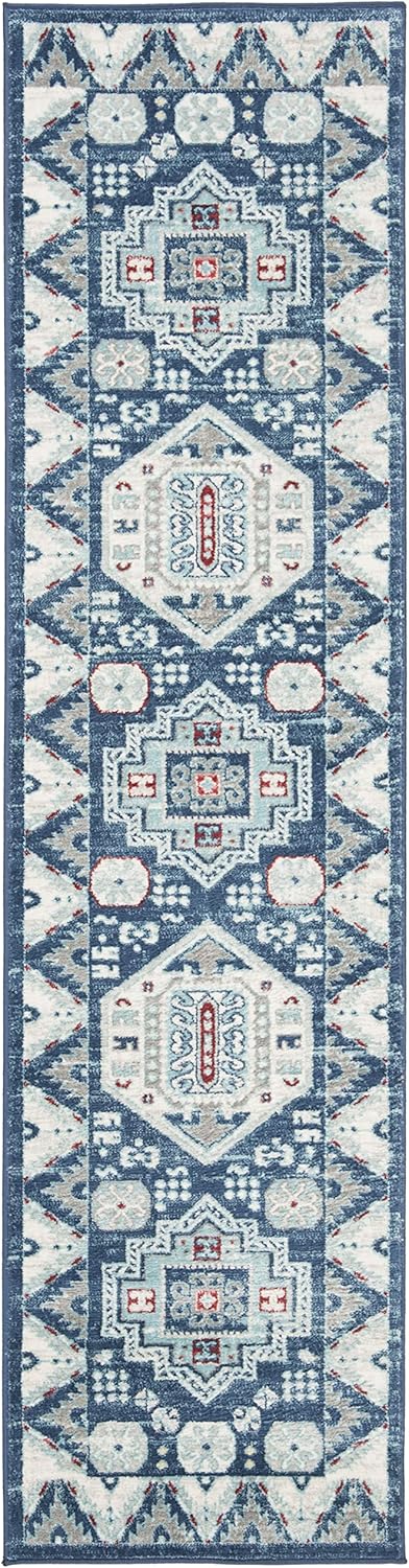 SAFAVIEH Kazak Collection Runner Rug - 2' x 8', Blue & Creme, Traditional Design, Non-Shedding & Easy Care, Ideal for High Traffic Areas in Living Room, Bedroom (KZK118D)
