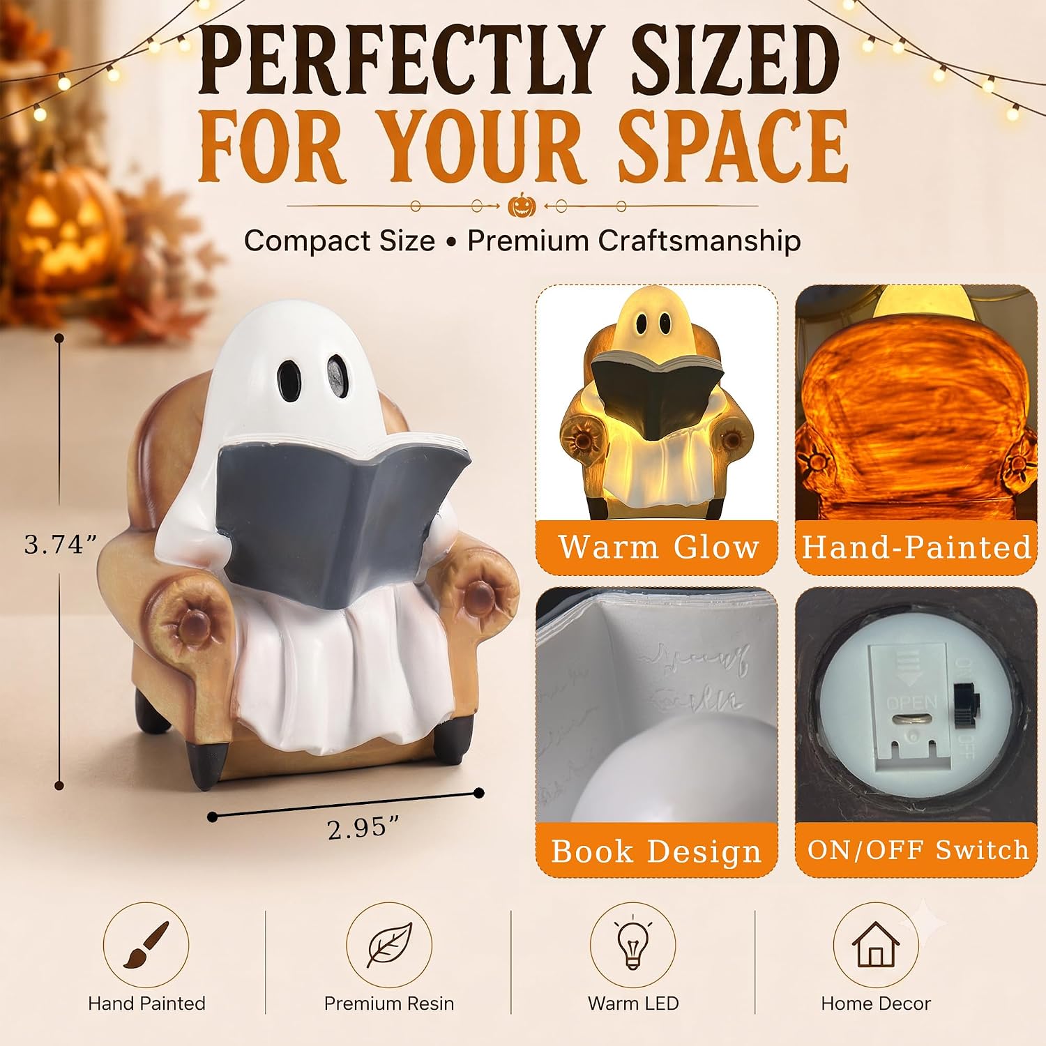 Ghost Reading Book Lamp Halloween Decorations Indoor Ghost Decor | Cute Ghost Figurine Book Lovers Gifts for Women Readers Halloween Decor for Mantel Desk Shelf Reading Nook