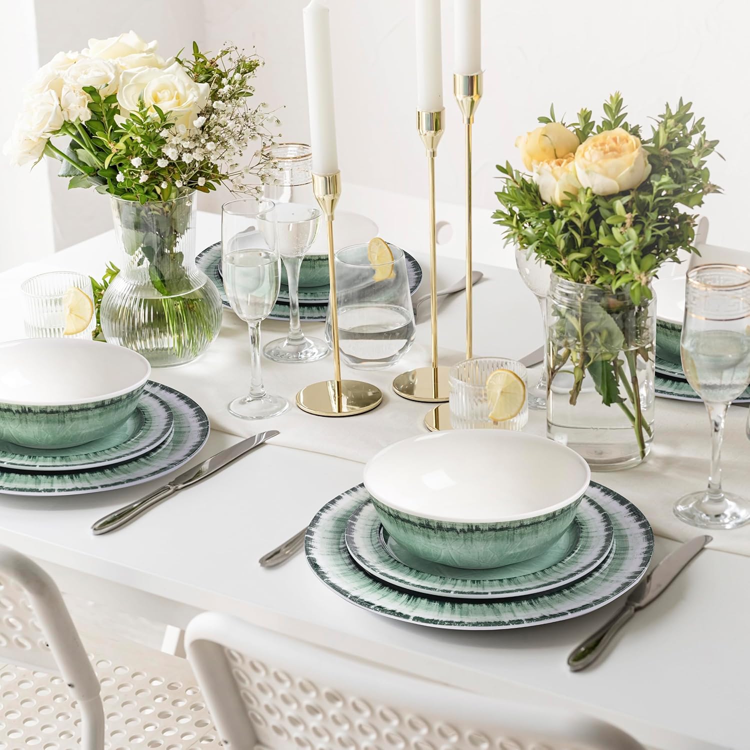 AELS Melamine Dinnerware Set of 18 Pcs Dinner Dishes Set, Lightweight Unbreakable for Indoor and Outdoor Use, BPA Free, Dishwasher Safe, Sage Green