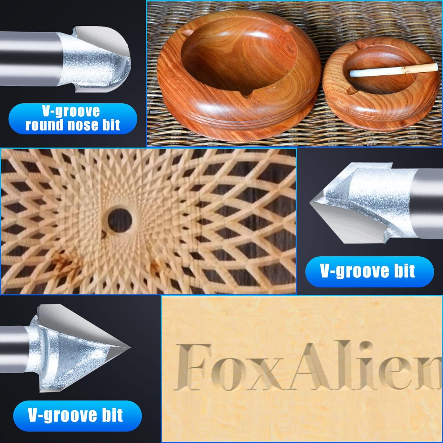 FoxAlien 1/4" Shank 3D Carving Router Set - V-Groove, Spiral End Mills, Tapered Bit for Wood Relief Carving, Woodworking, Lettering (10-in-1) - Includes 1/4" ER11 Collet