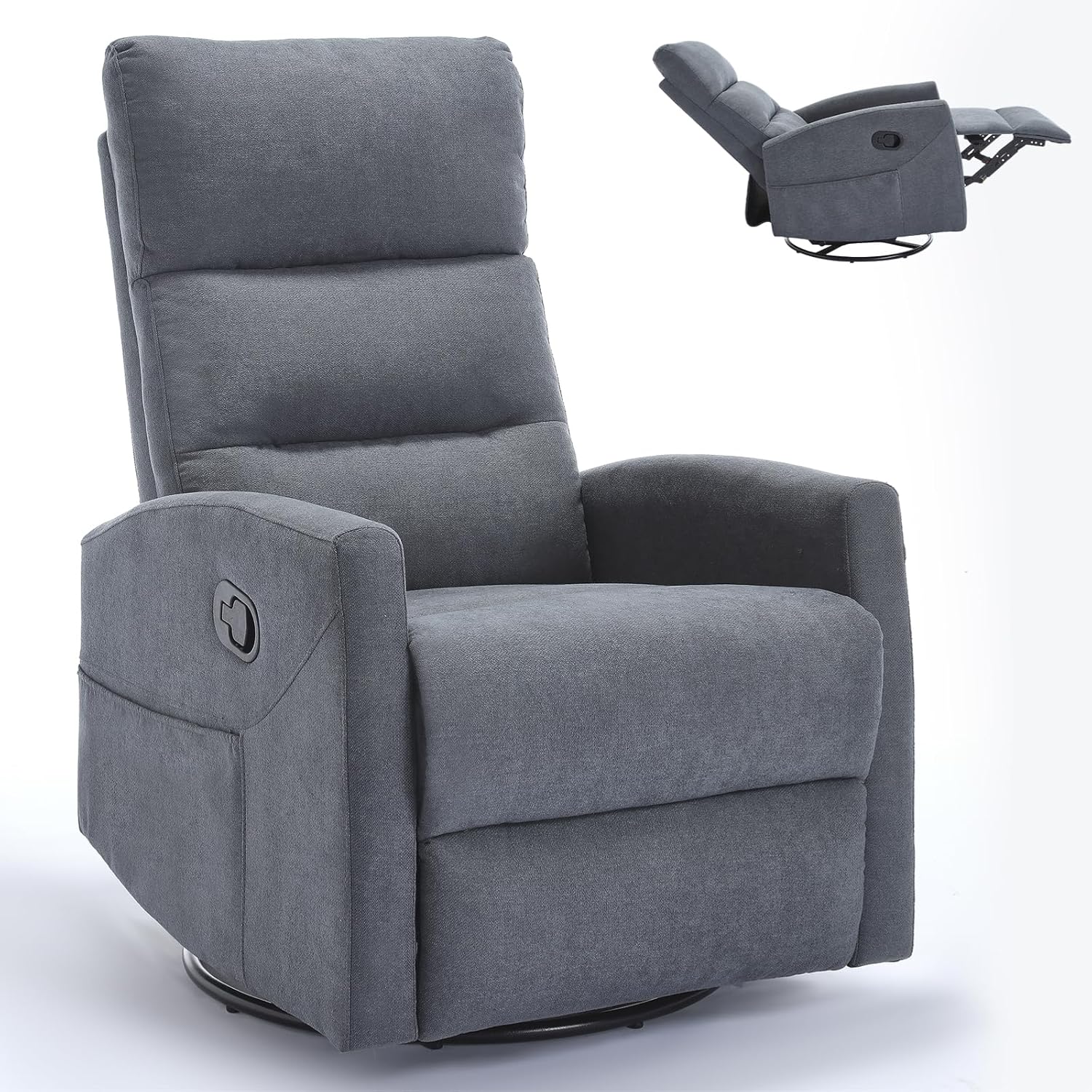 Swivel Rocker Recliner Chair for Adults, Modern Grey Rocking Recliner, 360 Swivel, 3-Position Recline, Space Saving, Adjustable Backrest, Foot Rest, Ideal for Living Room, Nursery, Office