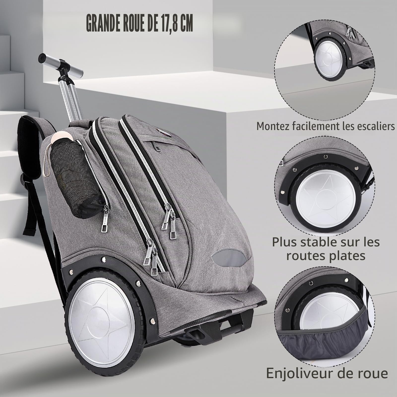 Hivexagon Sac à Dos à roulettes, Sac à Dos Roulant avec Roues de 7 Pouces – Poignée télescopique renforcée,Compartiment pour Ordinateur Portable, Idéal pour Les Affaires et Les Voyages – Gris