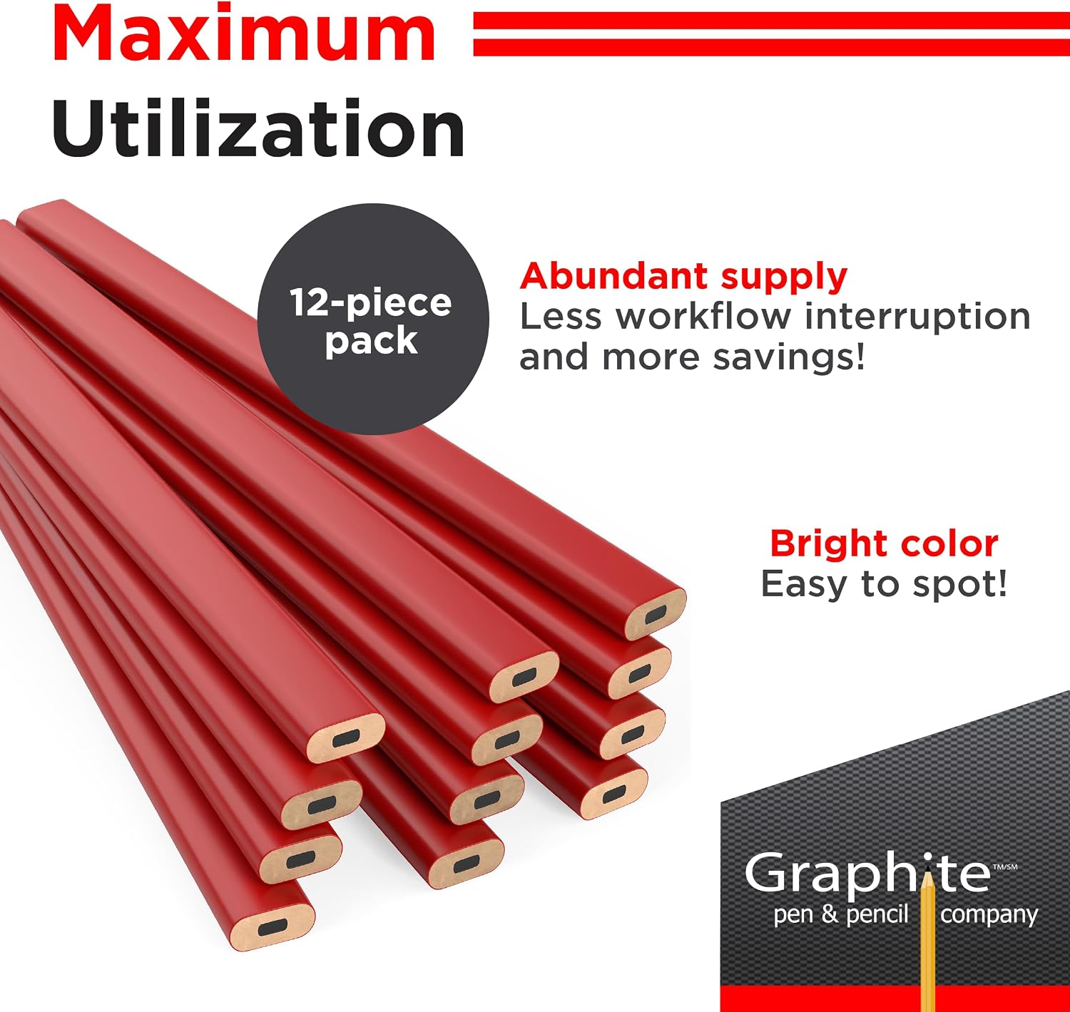 GRAPHITE Hard Lead Carpenter Pencils Bulk - (1) Pack of 12 Pieces Lumber Wooden Pencil #2 (HB) - Red image 3