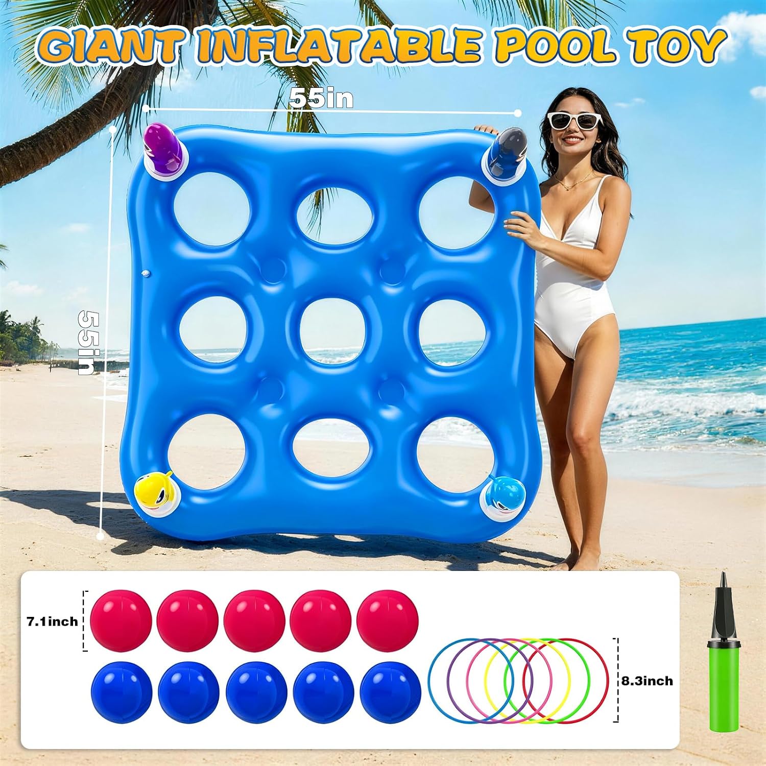 Inflatable Pool Toys Games Set, 2 in 1 Shark Giant Tic-Tac-Toe Pool Toys Floating Board with 10 Balls & 6 Rings for Ring Toss Games, Outdoor Summer Fun Pool Beach Yard Activities for Teens Ages 6+