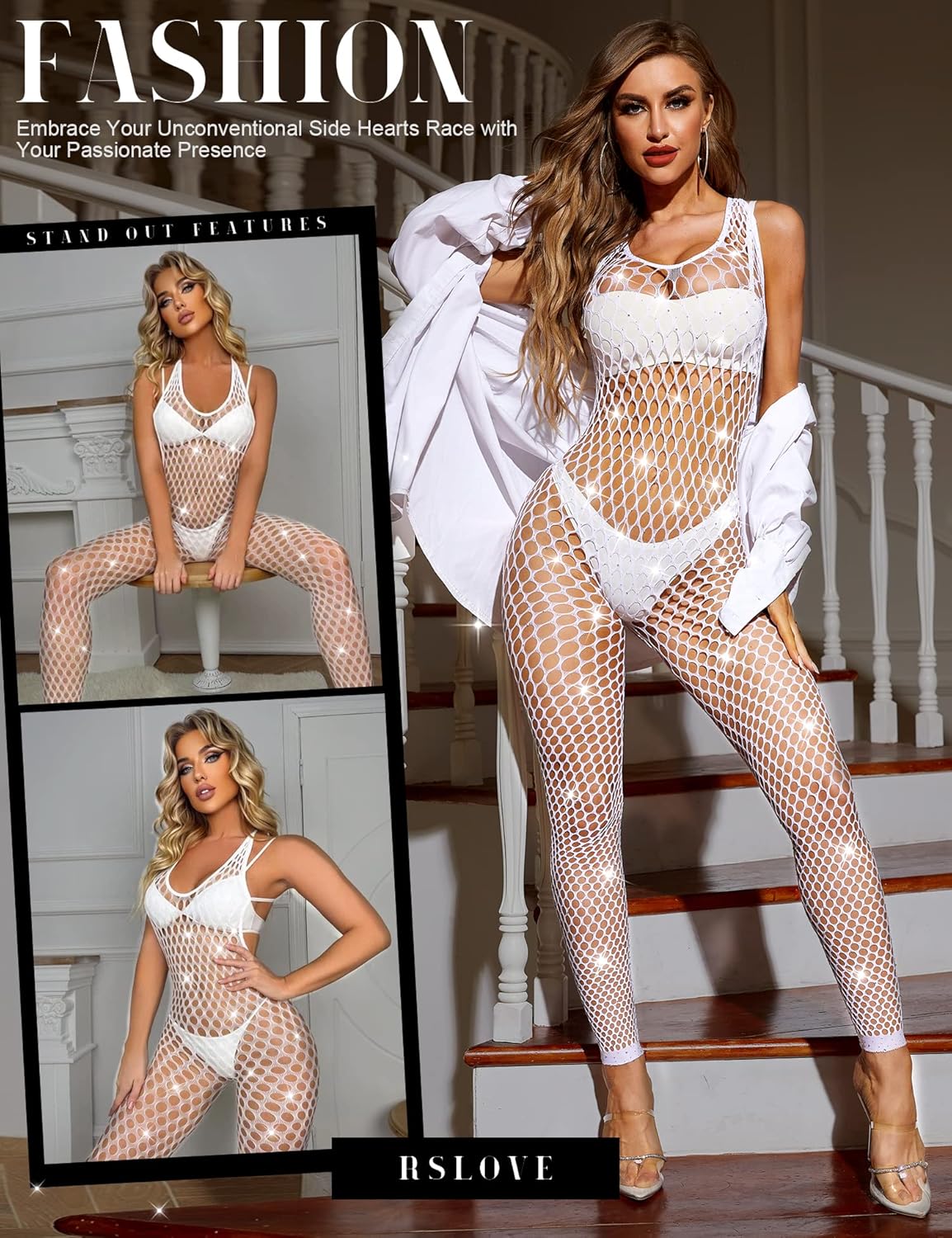 RSLOVE Womens Lingerie Fishnet Bodystocking Sparkle Rhinestone Mesh Tights One Piece Teddy Lingerie - Image 4