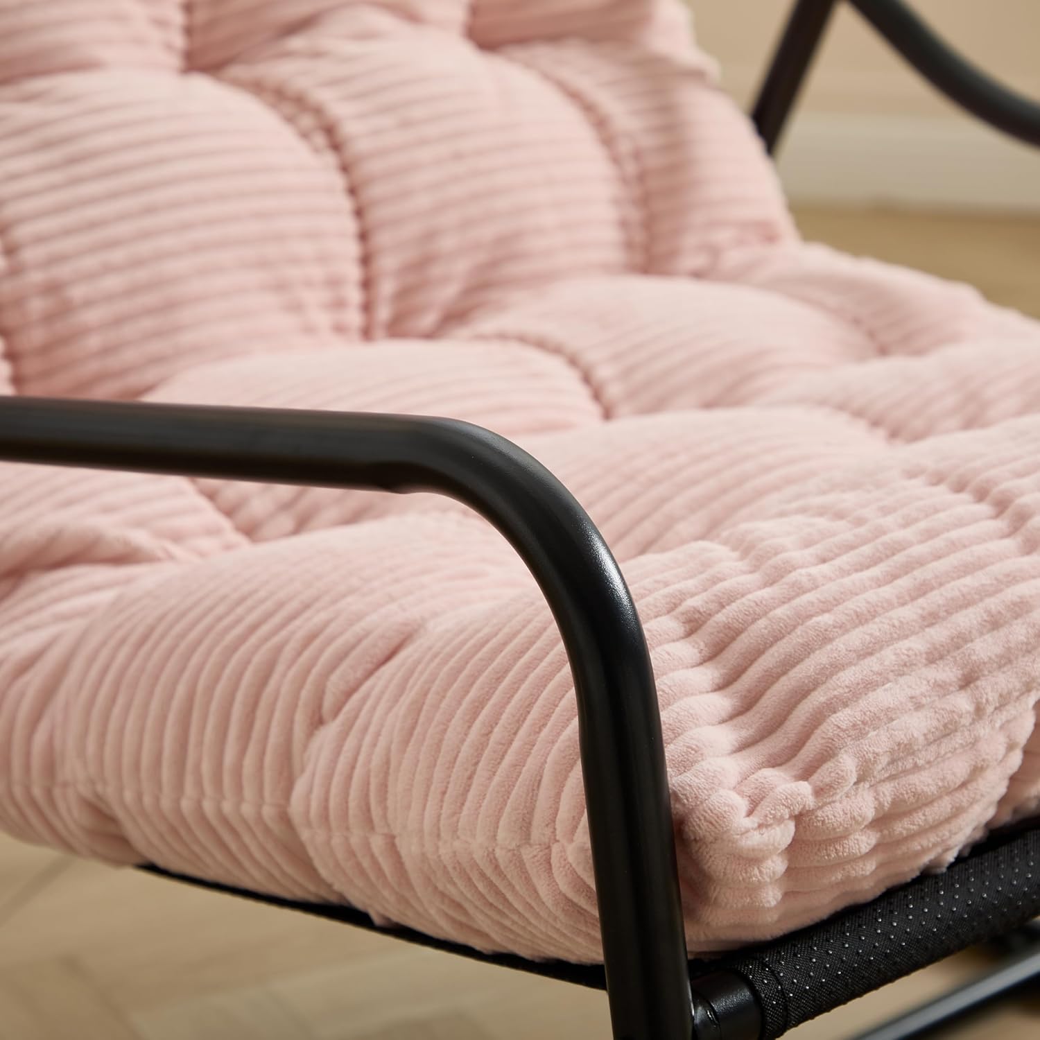 Pink Rocking Chair with Foot Rest, Outdoor Indoor Rocking Lounge Chair with Cushion, Comfortable Patio Rocker Chairs for Patio, Porch, Garden, Living Room, Reading, Metal Frame