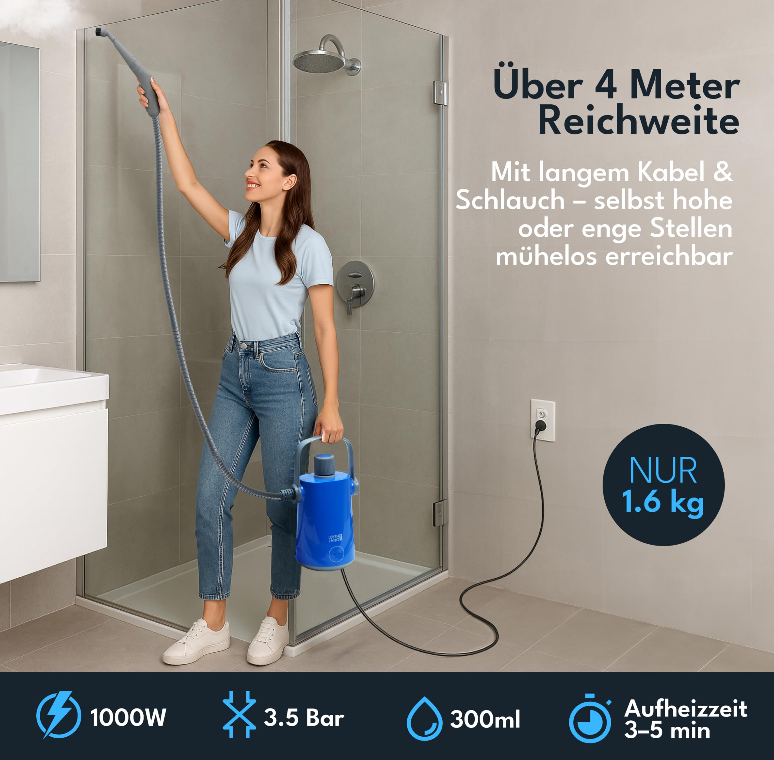 LEBENLANG Elektrischer Dampfreiniger Handgerät - 3,5 Bar & 1000W I 12x Zubehör I Steam Cleaner für alles I Damfreınıger für Fliesen und Fugen & Bad Auto Fenster Heißluft Dampf Reiniger Fugenreiniger