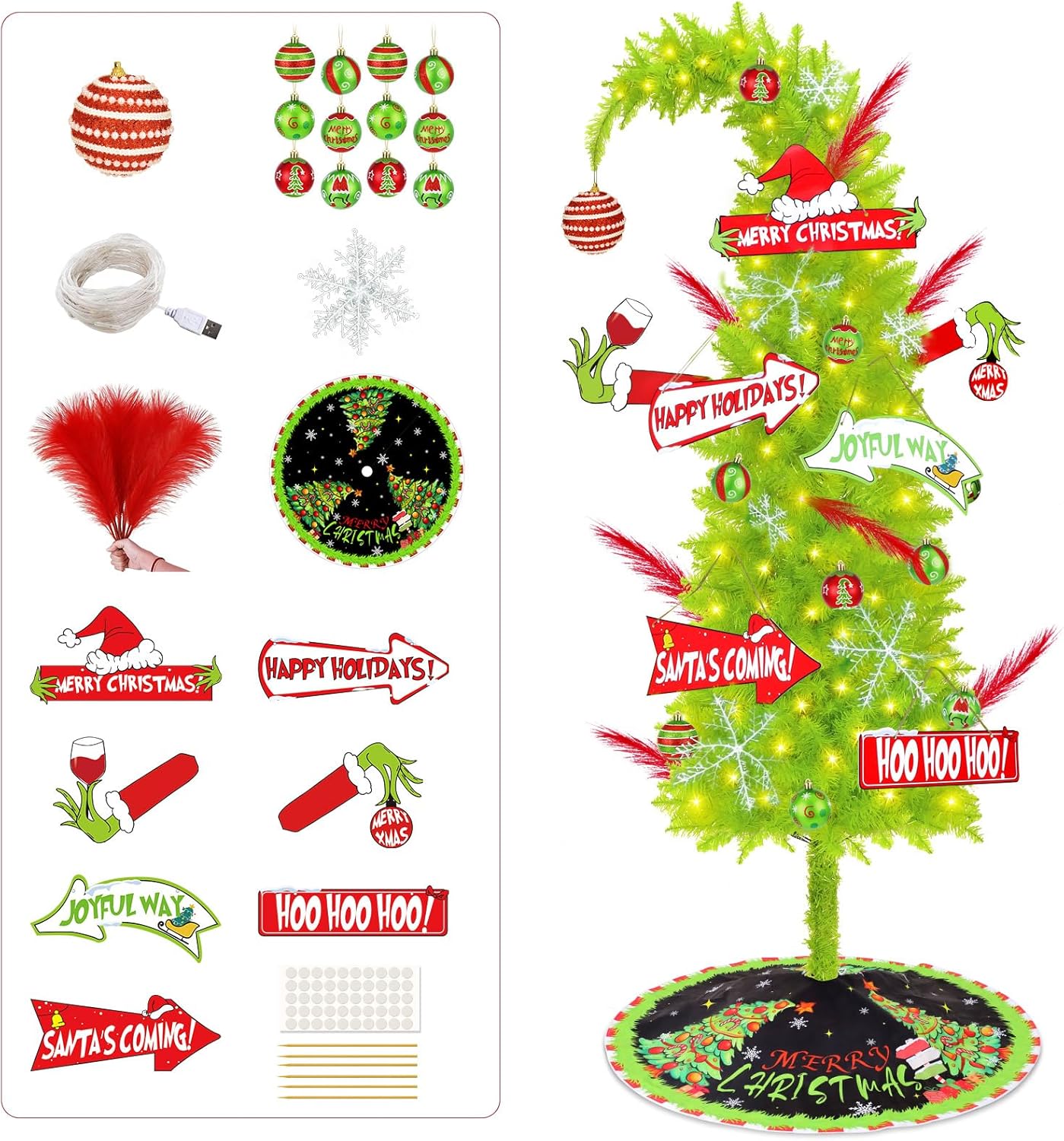 Grinchs Christmas Tree 6FT, Whimsical Bendable Artificial Tree, Lime Green Design with Tree Skirt & Red Ball Ornament, Christmas Decorations Indoors and Outdoors