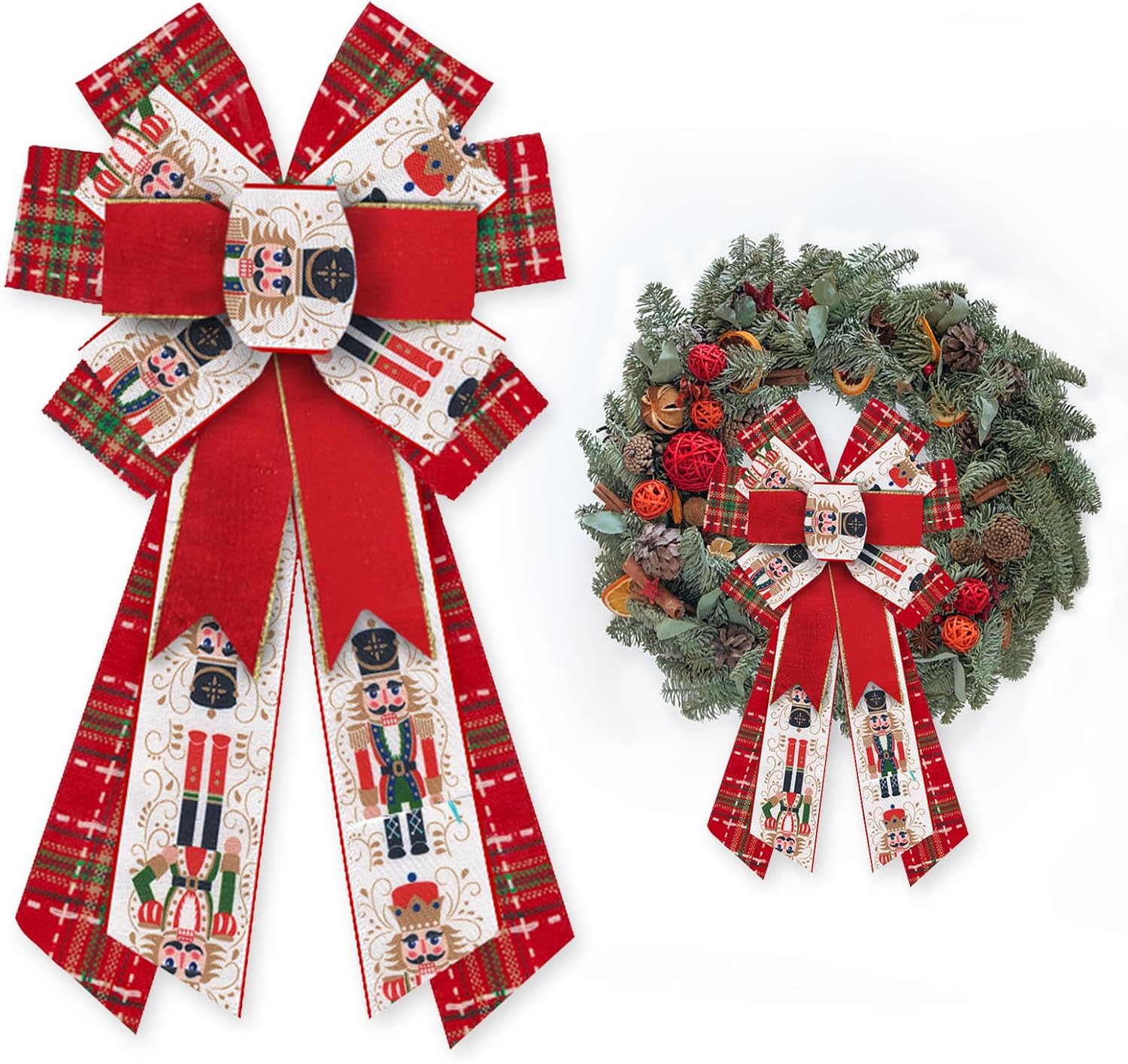 Large Christmas Bow for Wreath,Nutcracker Soldier Velvet Red Green Plaid Wreath Bow for Christmas Décor Winter Bow for Front Door Indoor Outdoor Wall Tree Topper Decoration Supplies Ornament