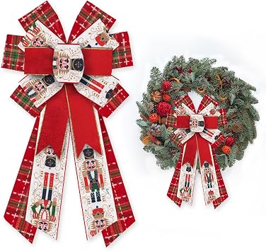 Large Christmas Bow for Wreath,Nutcracker Soldier Velvet Red Green Plaid Wreath Bow for Christmas Decor Winter Bow for Front Door Indoor Outdoor Wall Tree Topper Decoration Supplies Ornament