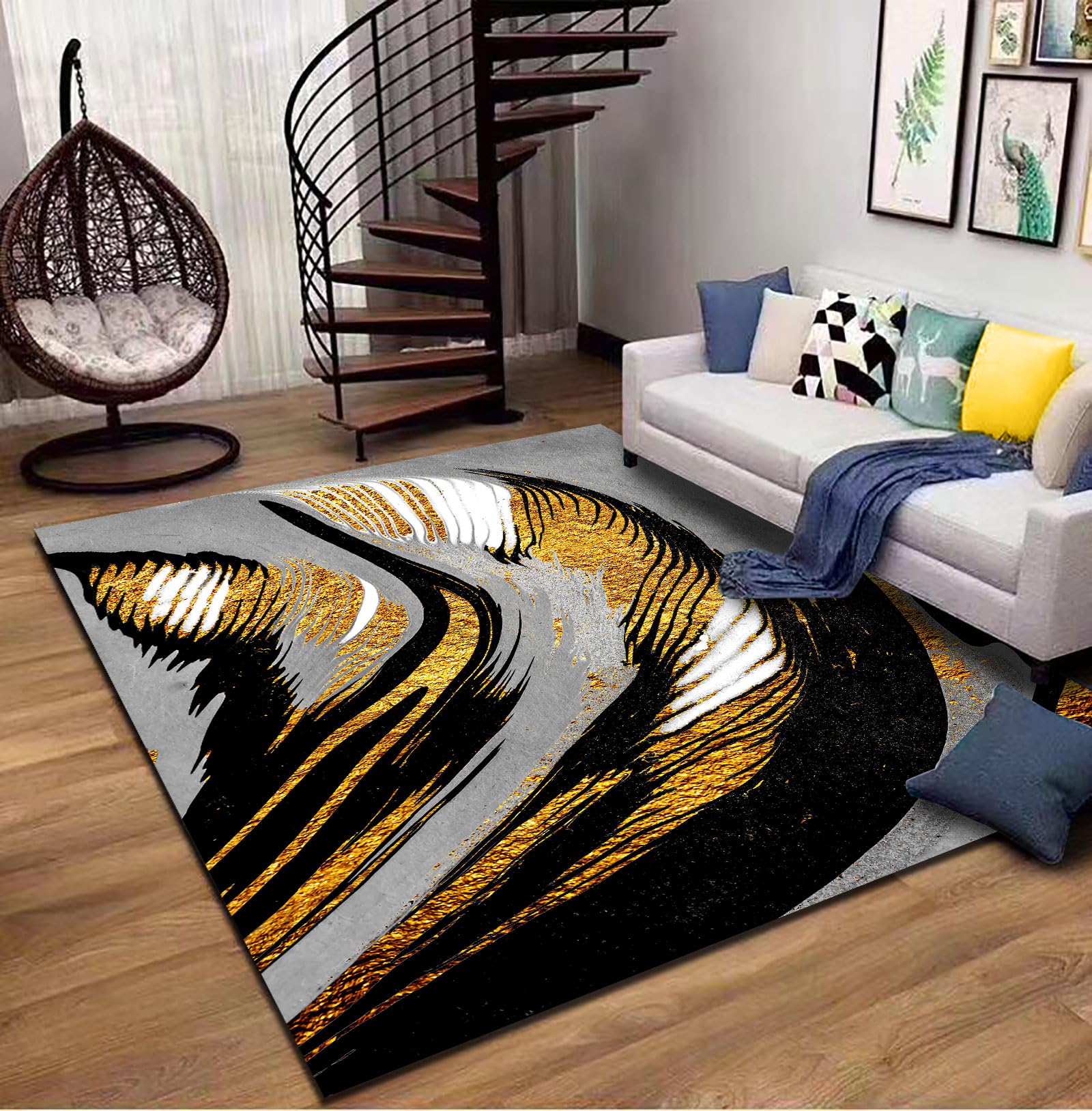 Tapis salon lavable extra grand 200x290 cm tapis chambre moderne abstrait gold black gray