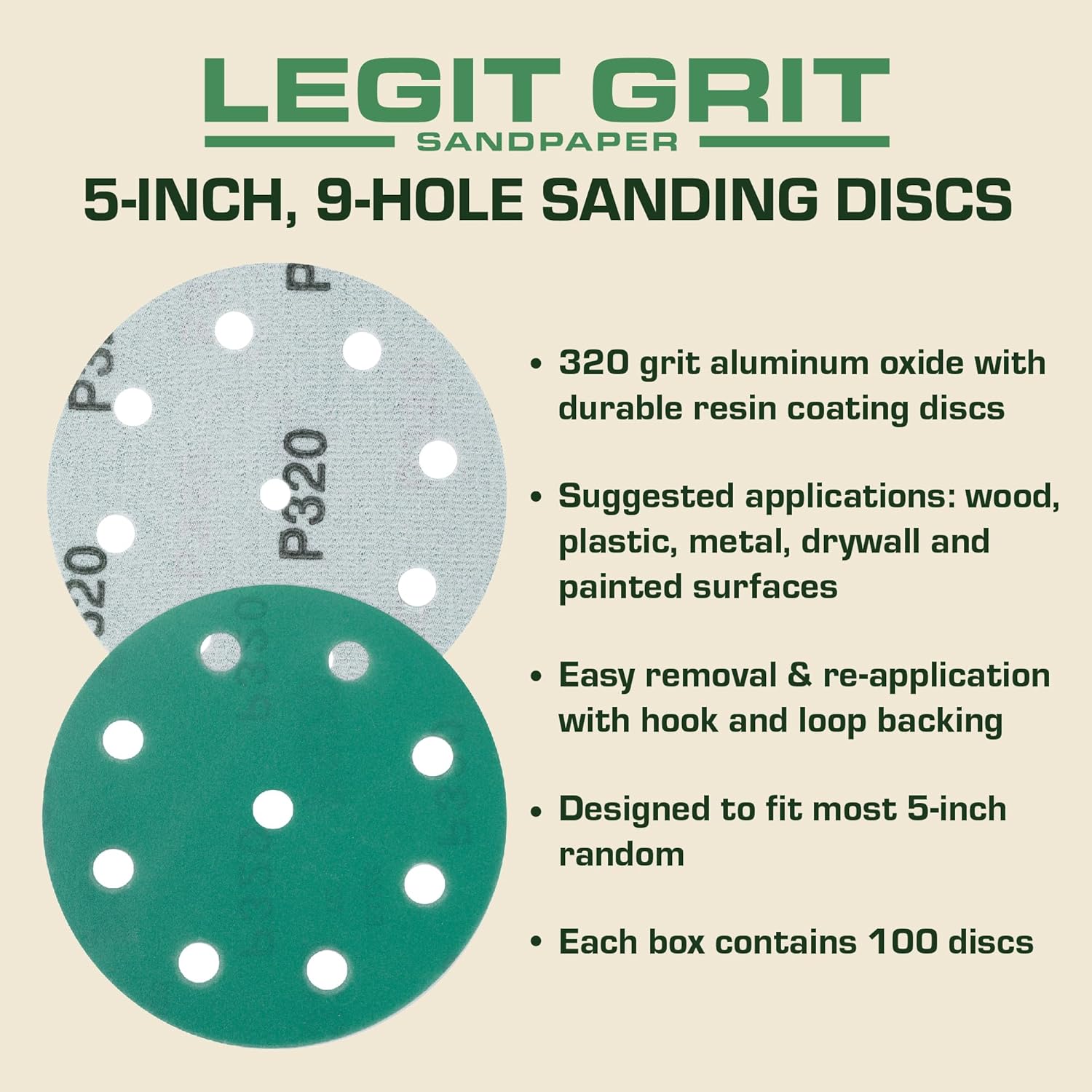 5 inch Sand Paper Disc, 9-Hole, 320 Grit, 100 Pack