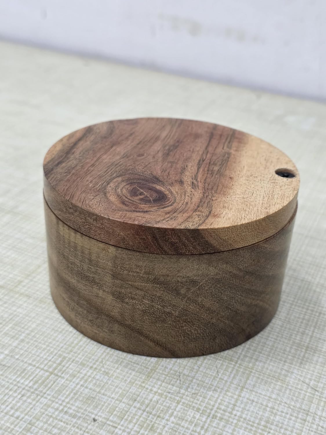 Acacia Wood Salt Cellar with Swivel Lid, Round Wooden Spice Box for Kitchen Storage, Natural Wood Finish image 3