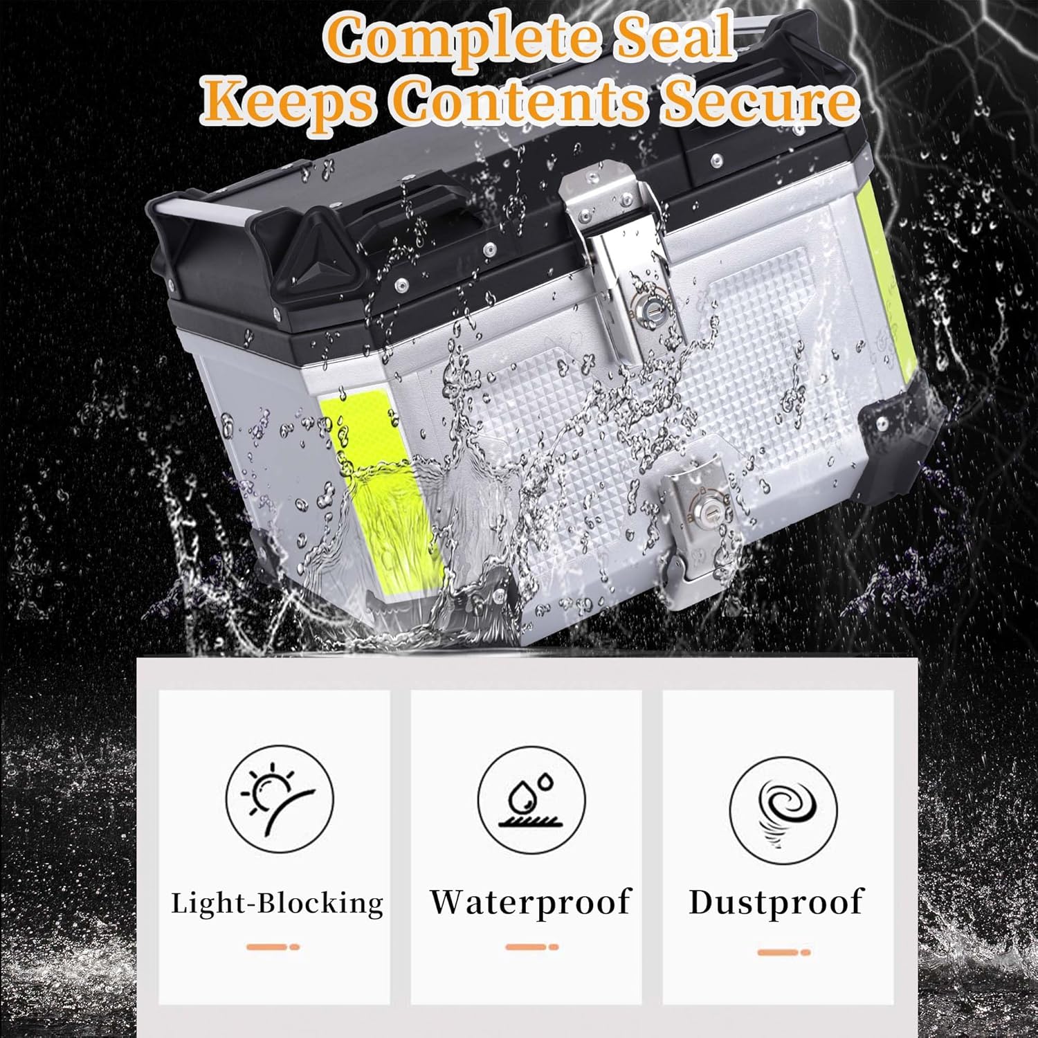 Motorcycle Top Case 45L Trunk Tail Box Bag Aluminum alloy handle With Leather Lining Anti-Theft With Double Lock And Back Cushion Waterproof Dustproof Easy Installation With Universal Bracket Silver