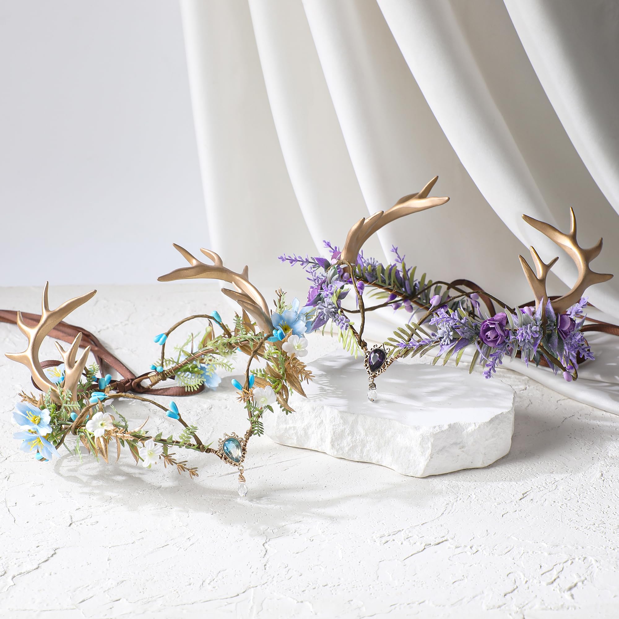 MOSTORY Geweih Kopfschmuck Elfe für Feen Accessoires Damen, Lila Haarschmuck mit Blumen und Edelsteine für Cosplay Faschingskostüme