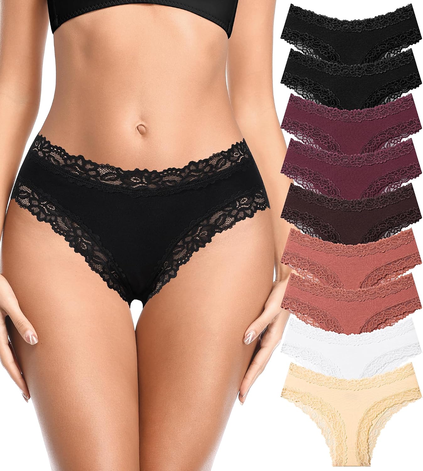 9 Pack Cotton Underwear for Women Cheeky Bikini Panties Sexy Lace Underwear Breathable Stretch Panties for Women