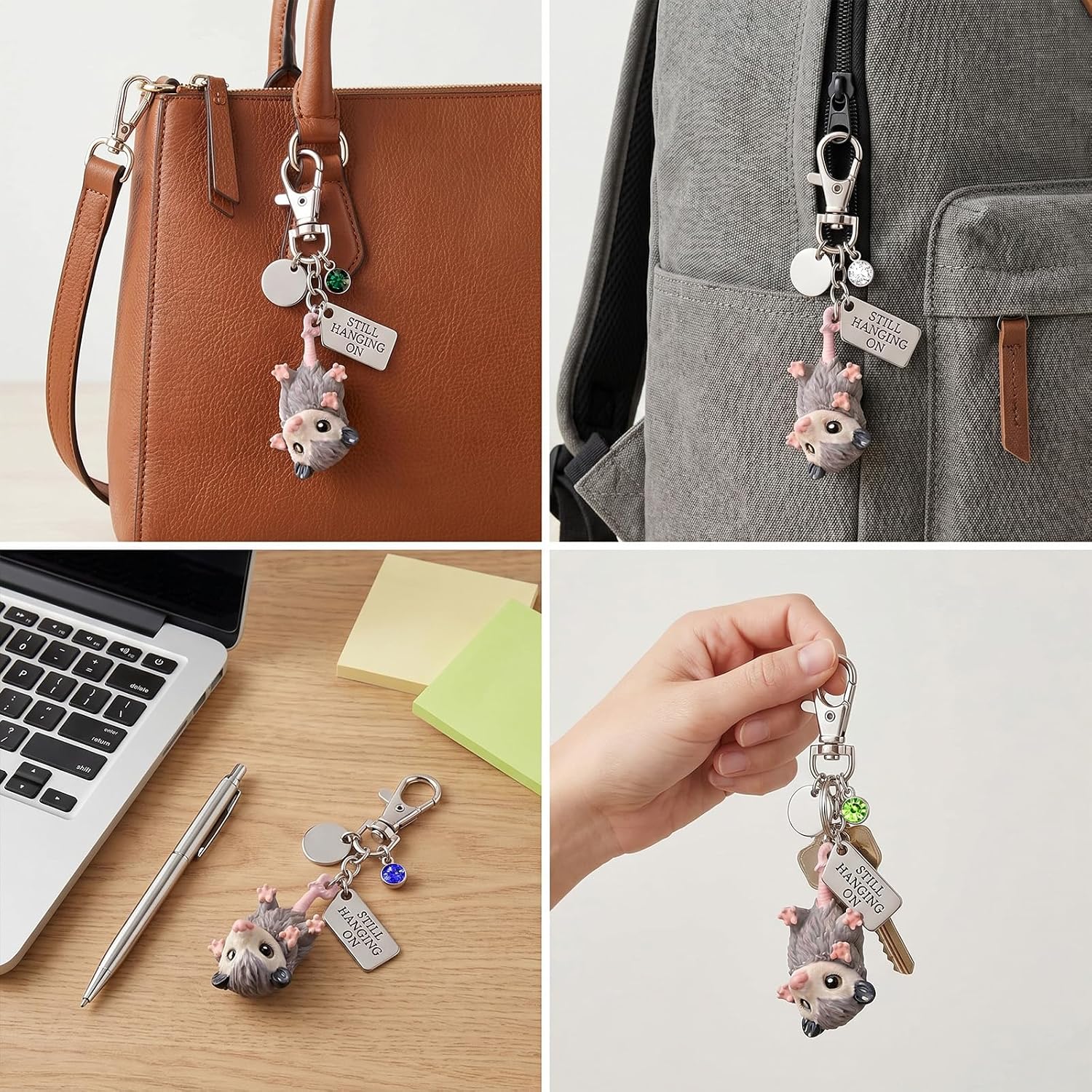 Angyape A Little Opossum Keychain for You - Still Hanging On 3D Resin Possum Backpack Bag Charm Birthstone Inspirational Gift