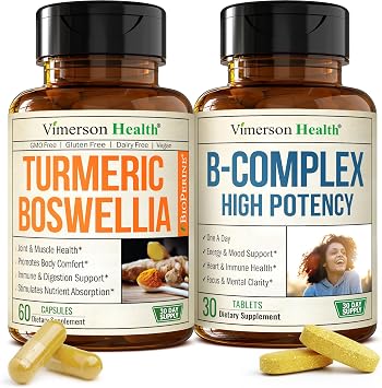 Boswellia Turmeric Curcumin Supplement + Vitamin B Complex with Vitamin B12, Niacin, Vitamin B2, Vitamin B6 Bundle Supports Joint Health & Aids Mood, Energy with Ginger Root, Organic Turmeric