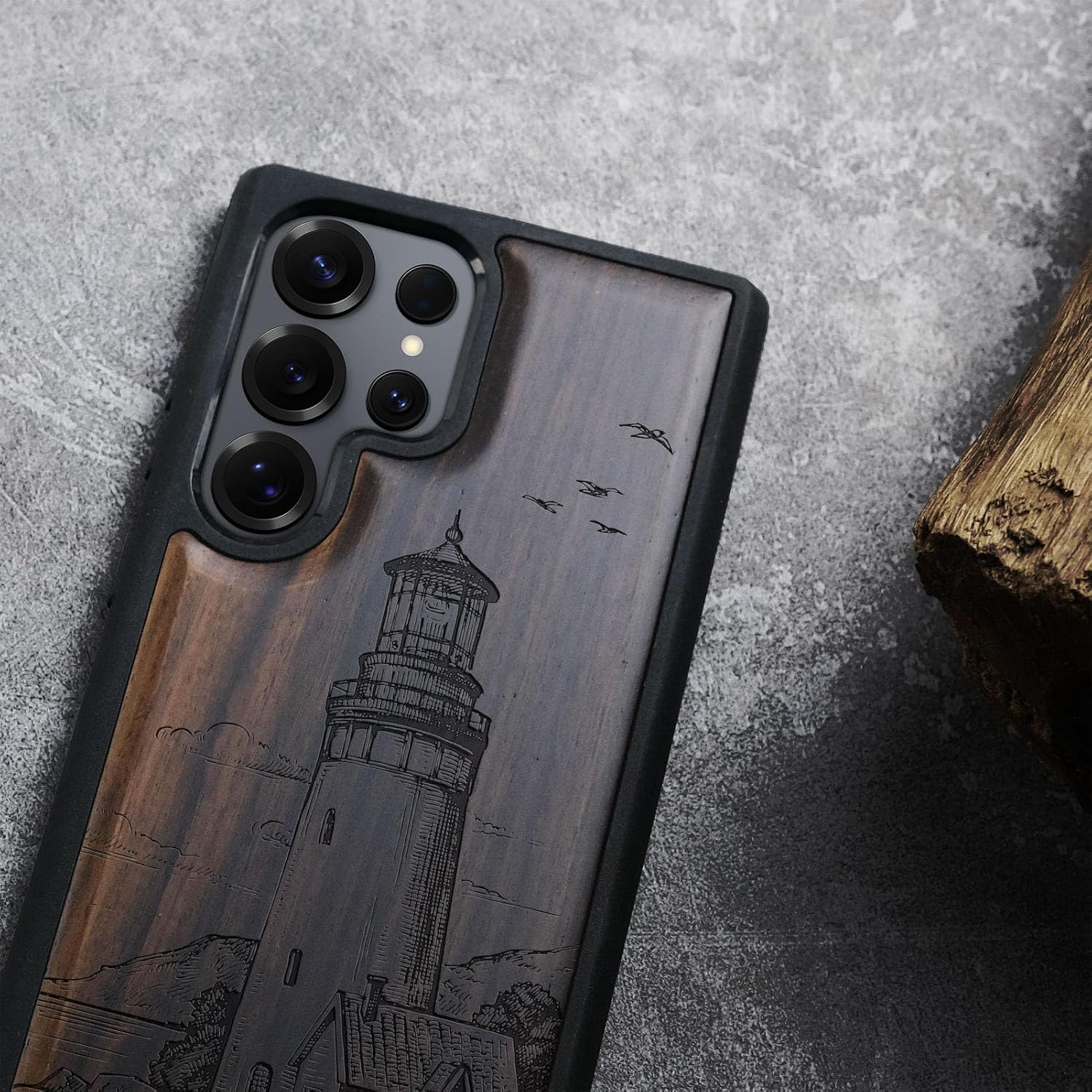 Carveit Magnetic Wooden Case for Samsung Galaxy S25 Ultra Case 2025, TPU Shockproof Cover & Wood Artisan Engraved, Compatible with MagSafe Wireless Chargers (Lighthouse) Blackwood