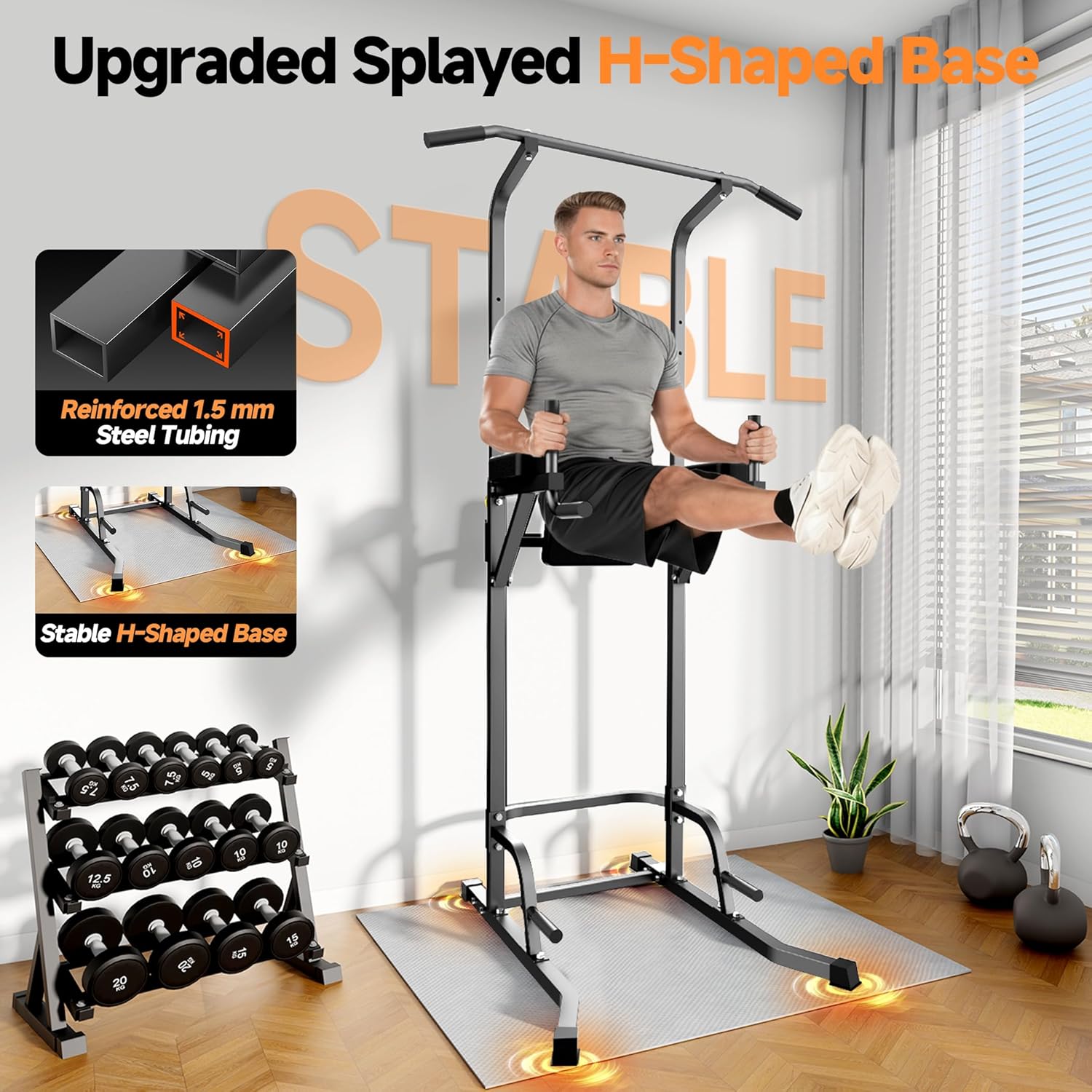 Power Tower Pull Up Station for Home Gym, Dip Station with Splayed H-Shaped Base, 440LBS Capacity, Adjustable Height Workout Station for Pull-ups, Dips & Leg Raises
