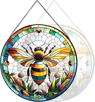 RIVEENY Bumblebee Stained Glass Window Hangings,8Bee Suncatcher Stained Glass Window Panel Gift for Christmas Anniversary Birthday Mothers Day