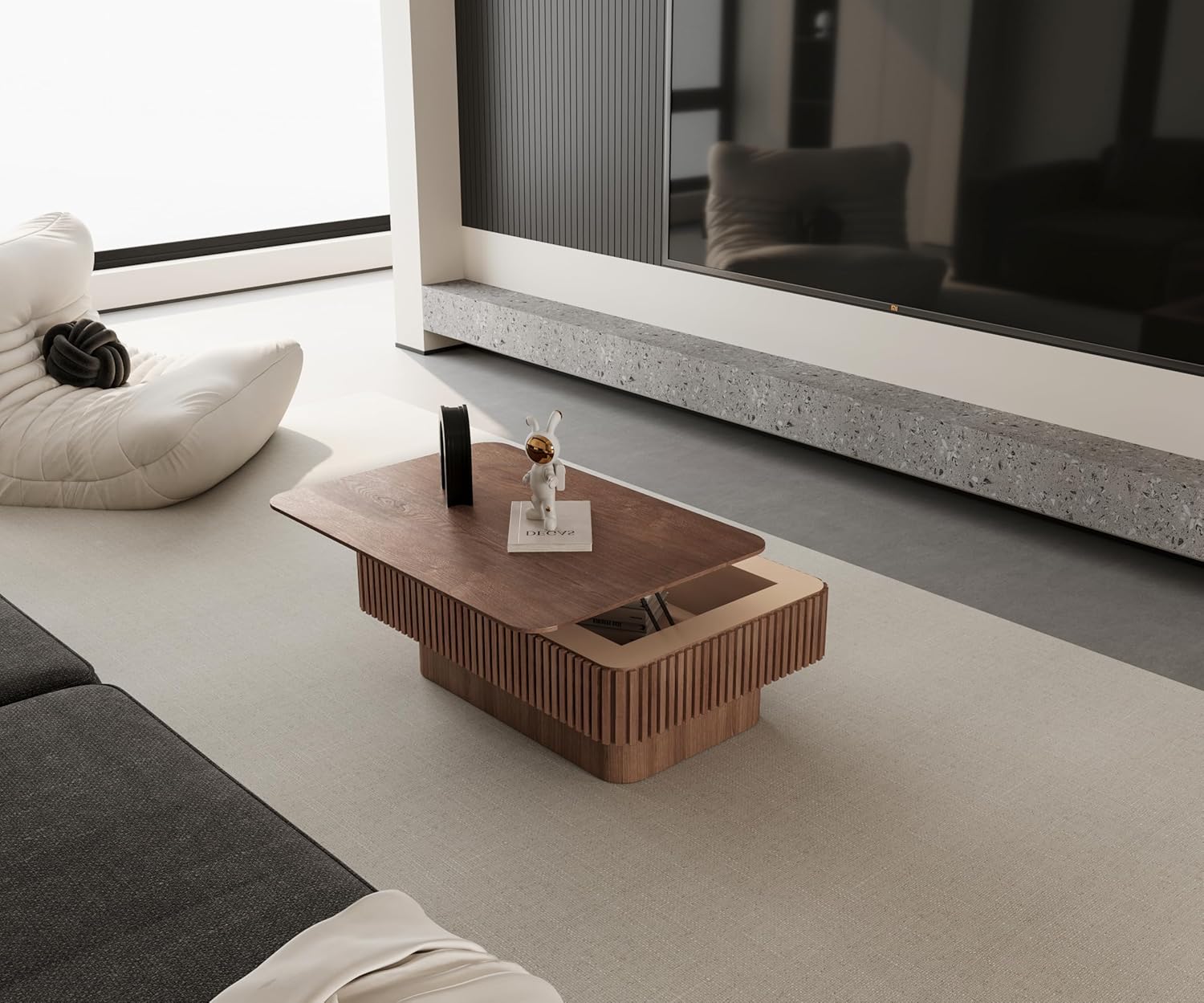 Coffee Table with Lifting Top for Living Room,Mid Century Modern Wood Fluted Lift Top Coffee Tables with Storage,38.6'' Farmhouse Rectangular Lift Pull Up Tabletop for Apartment Office, Office,Walnut