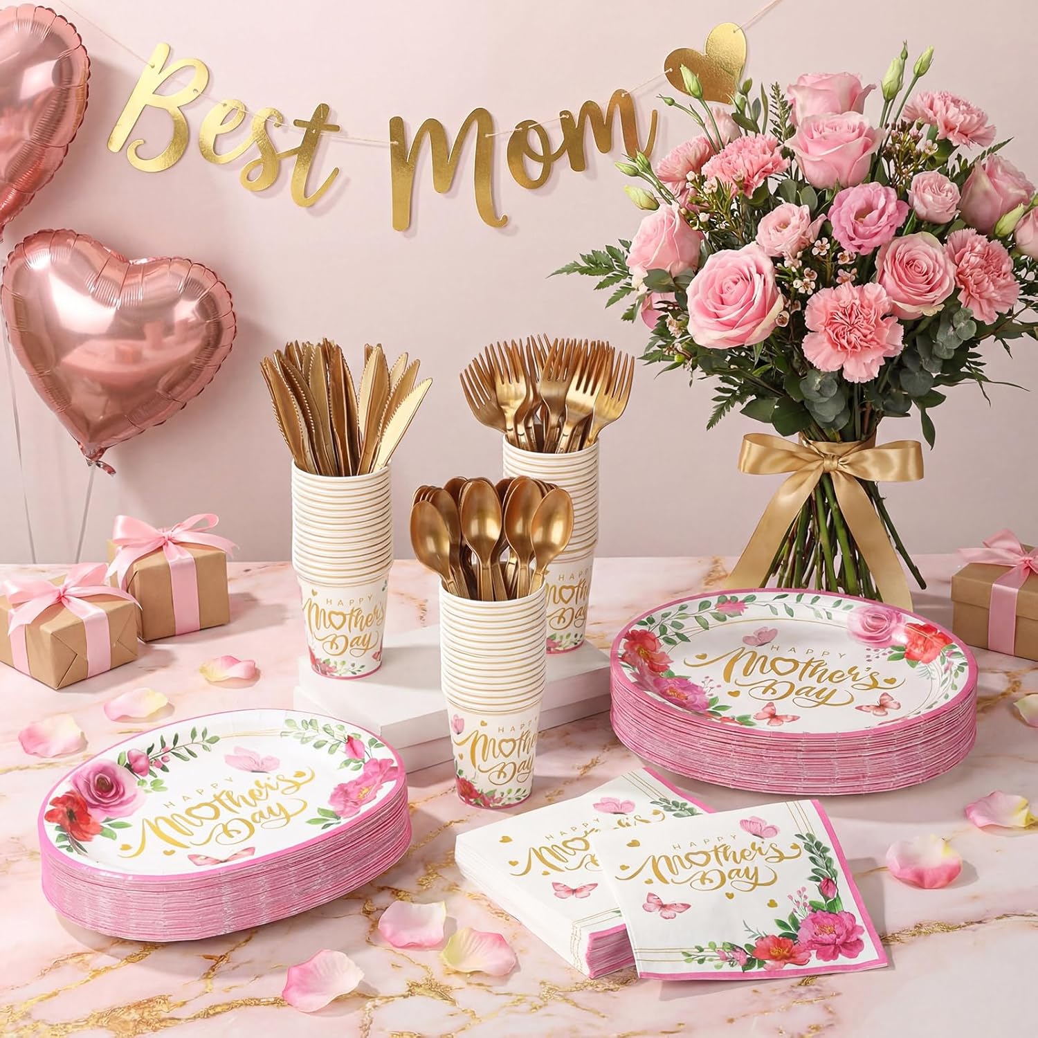 Pajean 350 Pcs Happy Mother's Day Party Decorations with 12 inch Disposable Oval Plates and Napkins Knives Flowers Design Heavy Duty Paper Tableware Set for 50 Guests Mother's Day Party Supplies