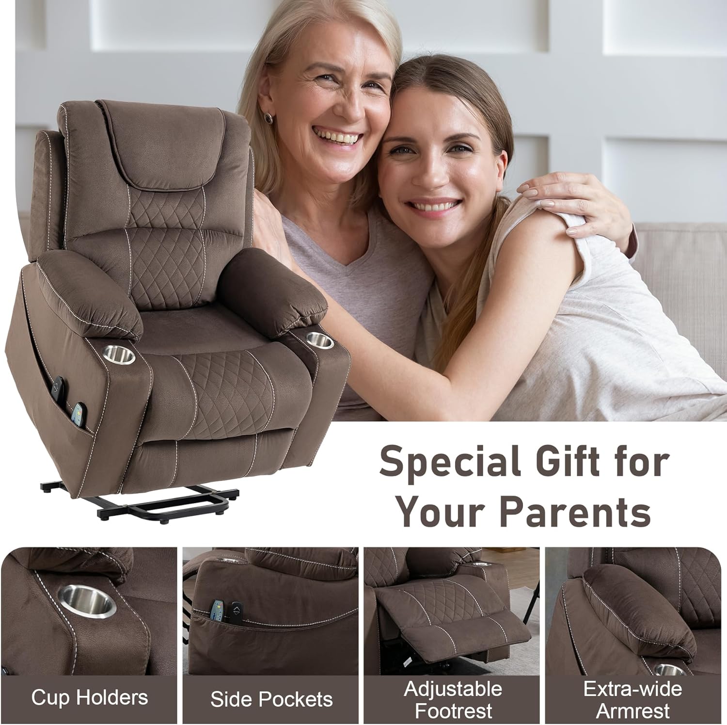 Oversized Power Lift Recliner Chair for Big and Tall 400 LBS Elderly, 26" Large Electric Recliner Chair with Massage and Heating, Lay Flat Zero Gravity Recliner Sofa, Velvet Coffee Brown