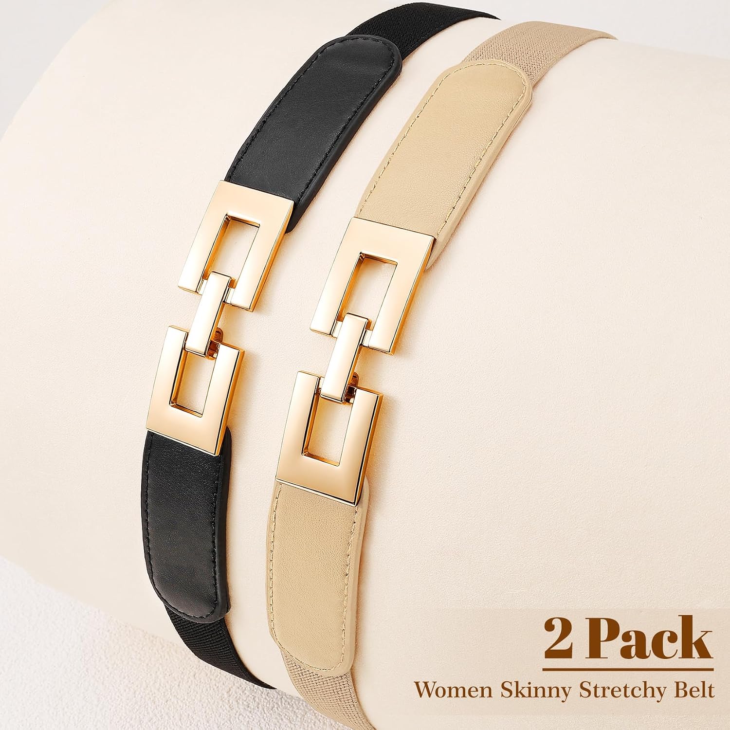 XZQTIVE 2 Pack Women Thin Elastic Belts for Dress,Trendy Skinny Stretchy Belt for Women,Waist Belt with Golden Buckle image 4