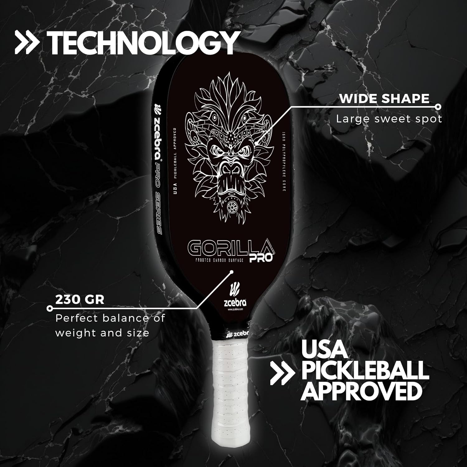 Carbon Pickleball Paddle - Frosted Carbon Surface - Core 16mm Polypropylene Wide Shape - Neoprene Cover - Gorilla Pro Black