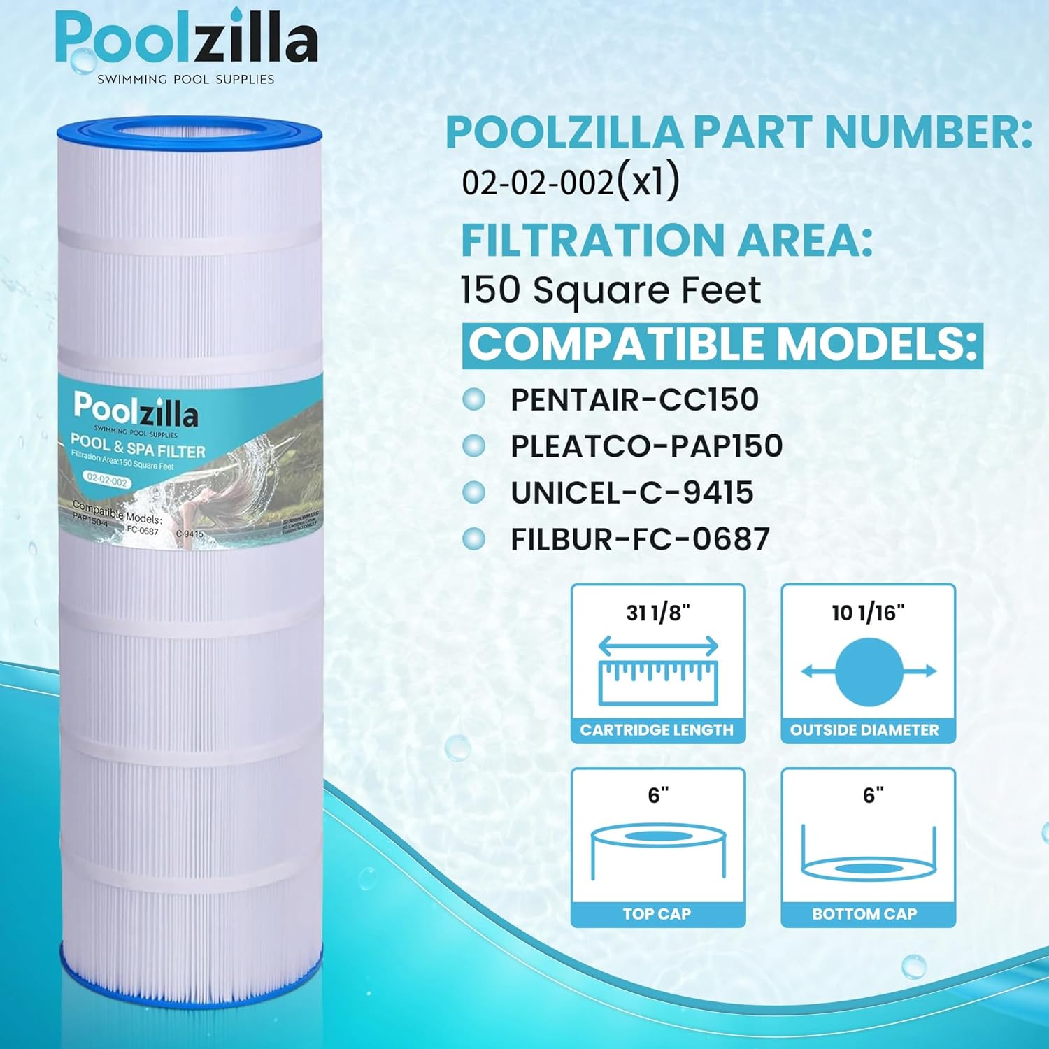 Poolzilla 1 Pack Replacement Cartridge for CC150, CCRP150, PAP150, Unicel C-9415, R173216, 59054300, Filbur FC-0687, 160317, 160355, 160352, Predator 150, 150 sq. ft. Filter Cartridge