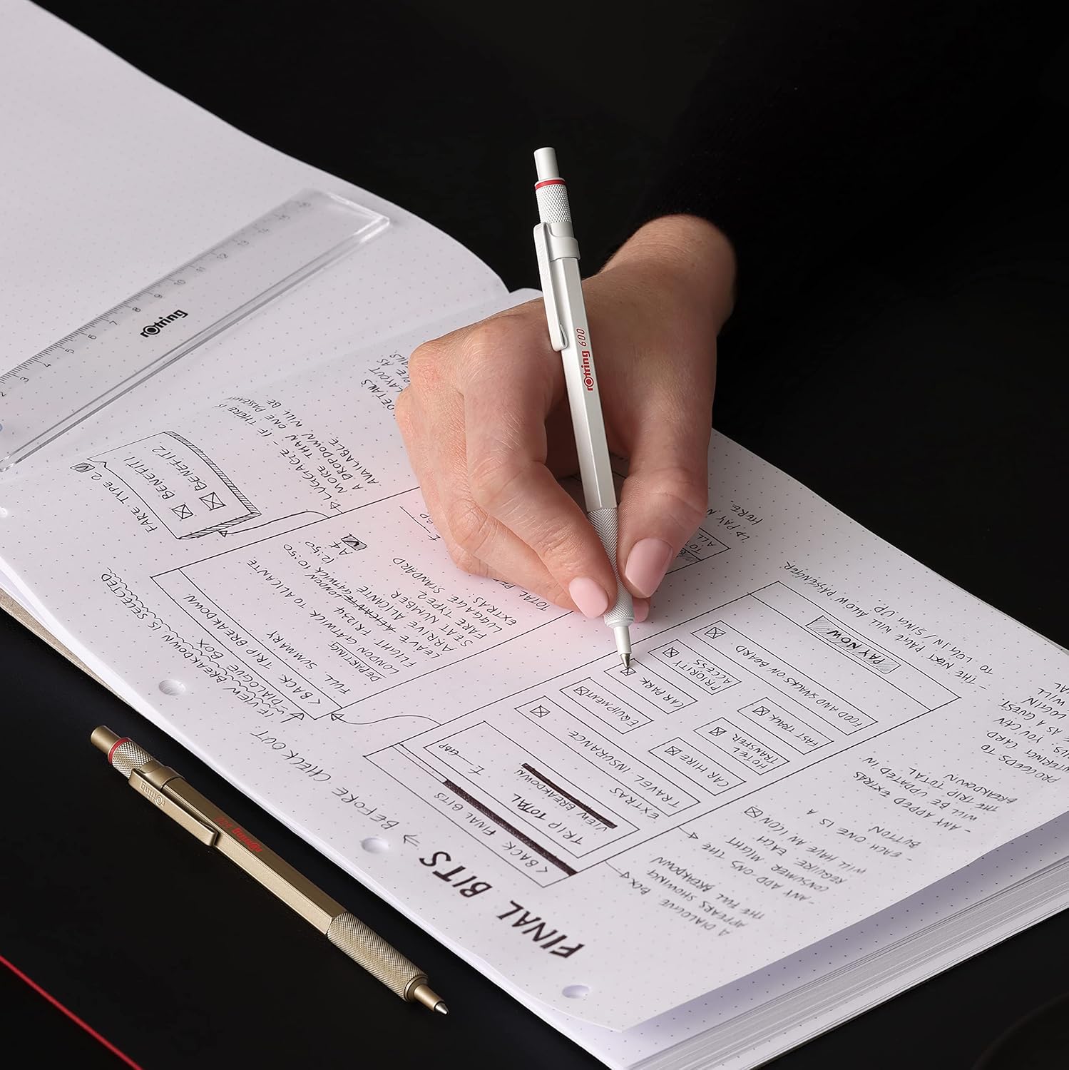 Rotring 600 Metallic Ballpoint Pen Medium Point Black Ink Gold Barrel Refillable 1 Count (Pack of 2)