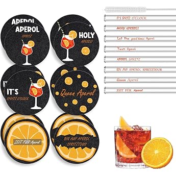 Pack of 20 Aperol Spritz Gift Set Including 8 Aperol Glass Straws and 12 Aperol Felt Coasters Aperol Accessories Personalised for Cocktail Lovers with Coaster