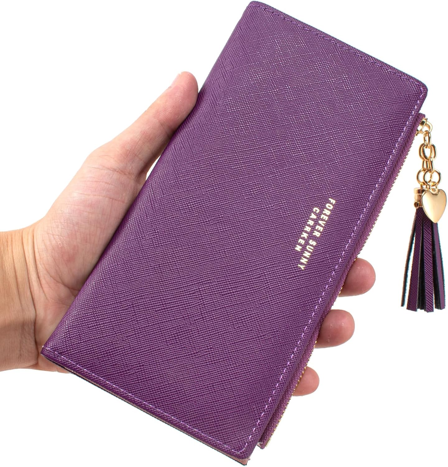 KOTORA Womens Slim Wallet Girls Thin Wallets Pretty Mini Long Card Holder Small Tiny Clutch Zip Purse Love Pendant Tassels Billfold (Purple)