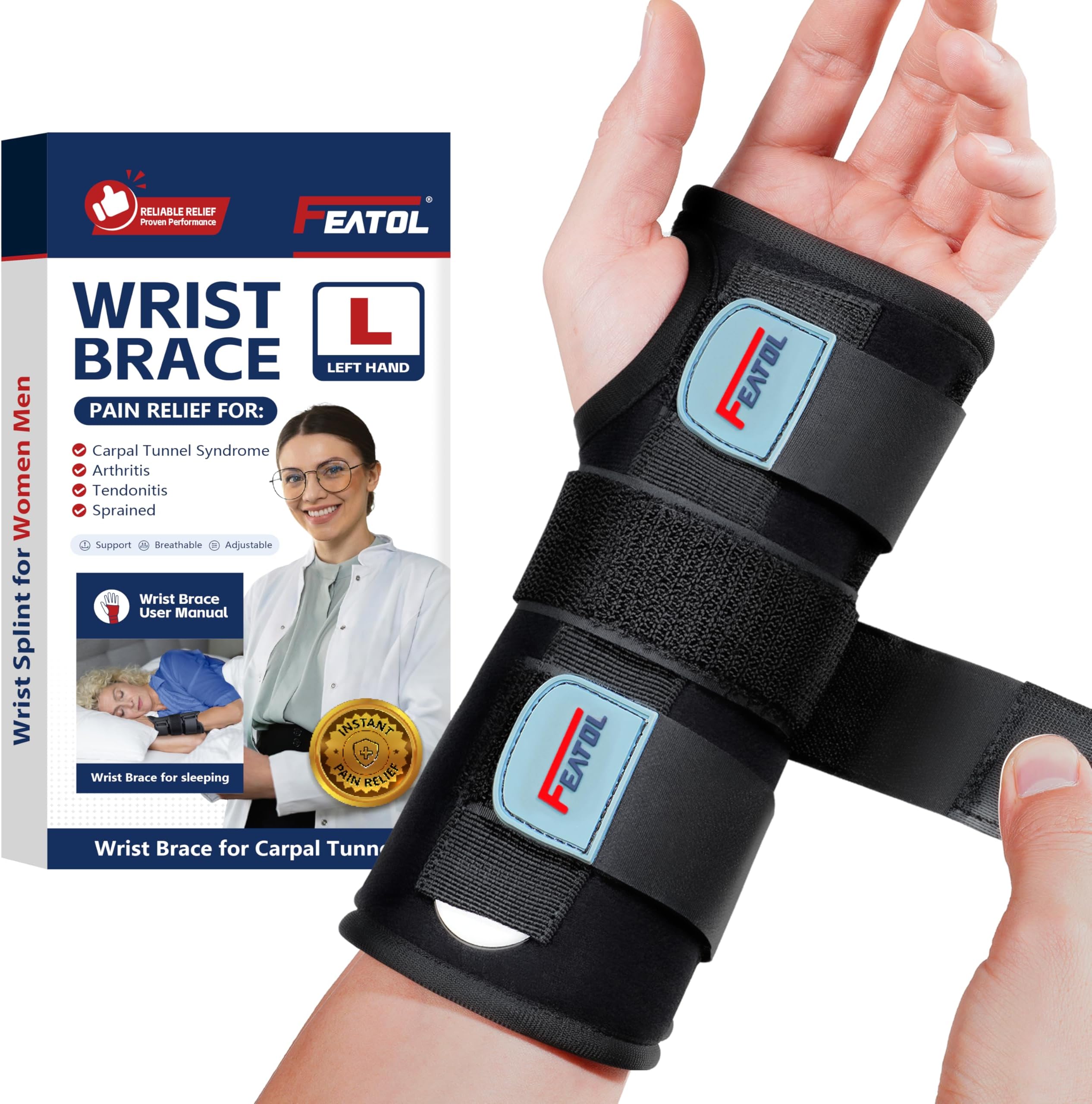 Wrist Brace for Carpal Tunnel, Adjustable Night Wrist Support Brace with Splints Left Hand, Large/X-Large, Hand Support for Arthritis, Tendonitis, Sprain, Injuries, Wrist Pain