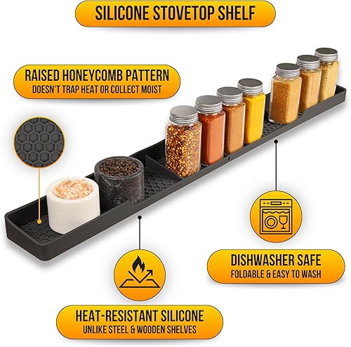 Miniatura 3 de TEO Estante magnético de silicona para estufa, color negro, 30 x 3.5 x 1.25 pulgadas, resistente al calor, organizador de especias de cocina,