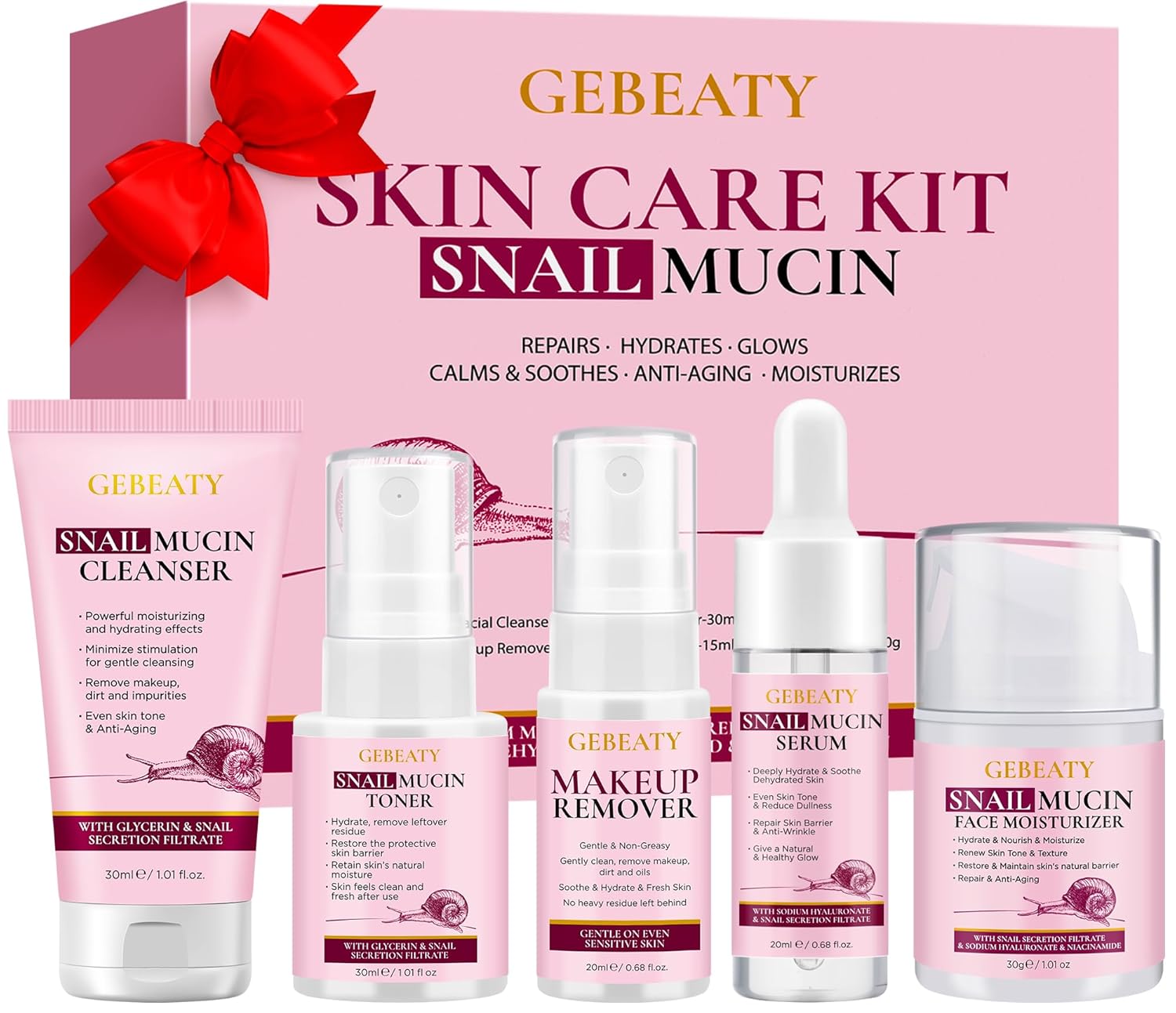 Christmas Gifts for Women,Skin Care Set,Hydrating Moisturing Repairing Soothing Snail Mucin Facial Skin Care Routine Kit for Sensitive Dull Skin & Dry Skin,Skincare Gift Set Women (5 PCS SET)