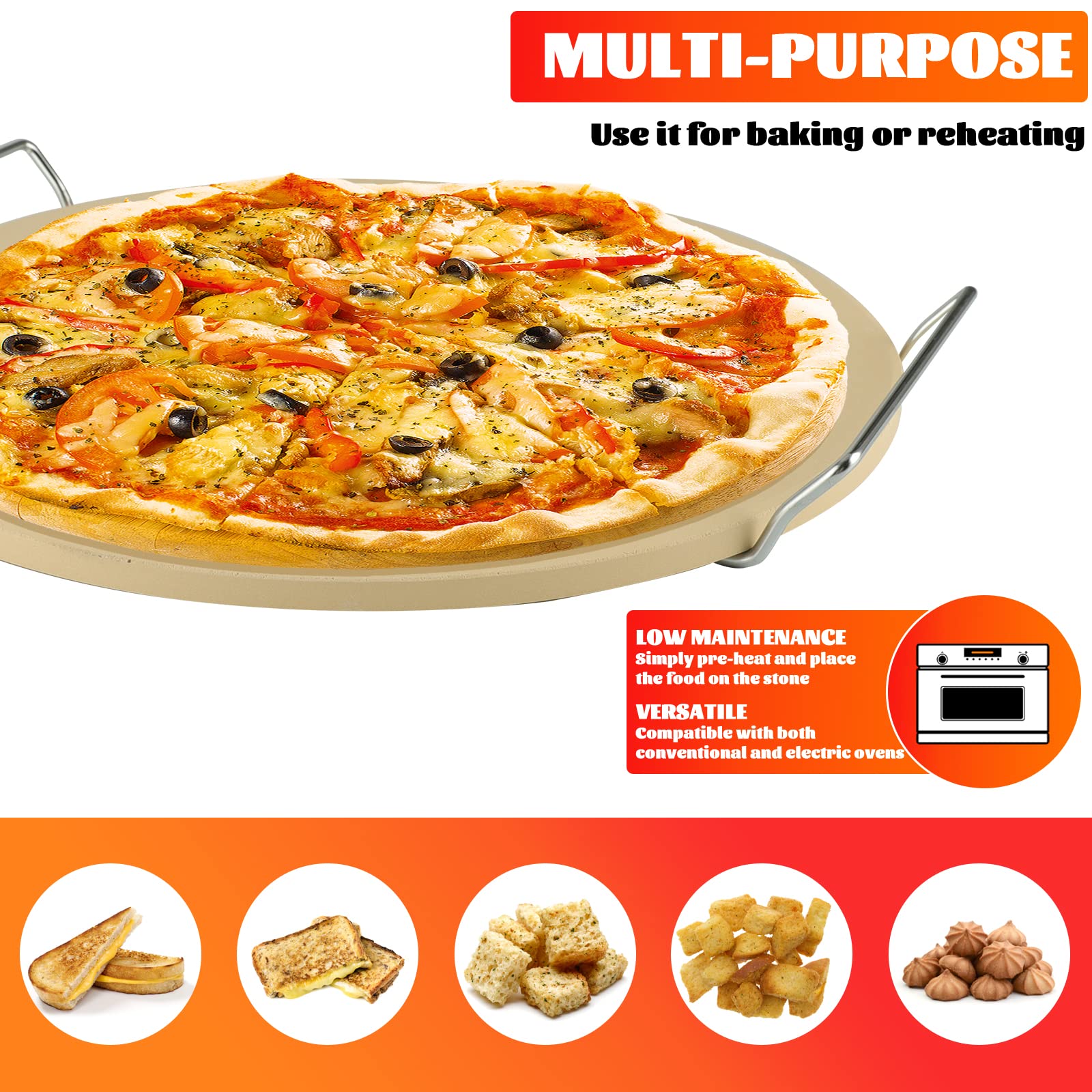 Round Pizza Stone for Oven Baking & BBQ Grilling | 12 x 12" Inch Durable Cordierite Cooking Stone with Free Wooden Pizza Peel & Handles