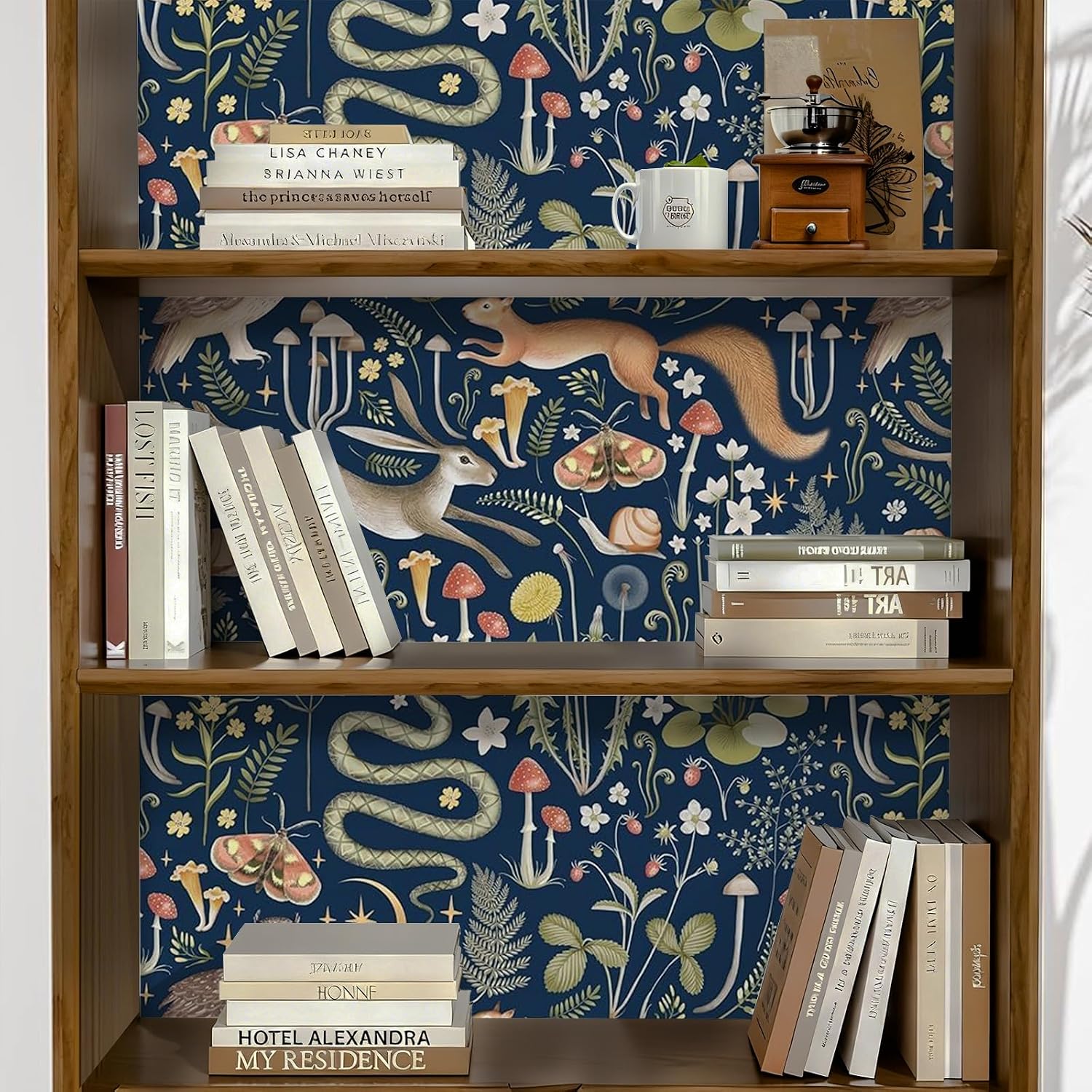 Whimsical Wallpaper Peel and Stick Self Adhesive Dark Blue Animal Vintage Vivid Owl Squirrel Leaf Mushroom Contact Paper Removable Waterproof for Bedroom Renter Friendly 17.71"x236.2"