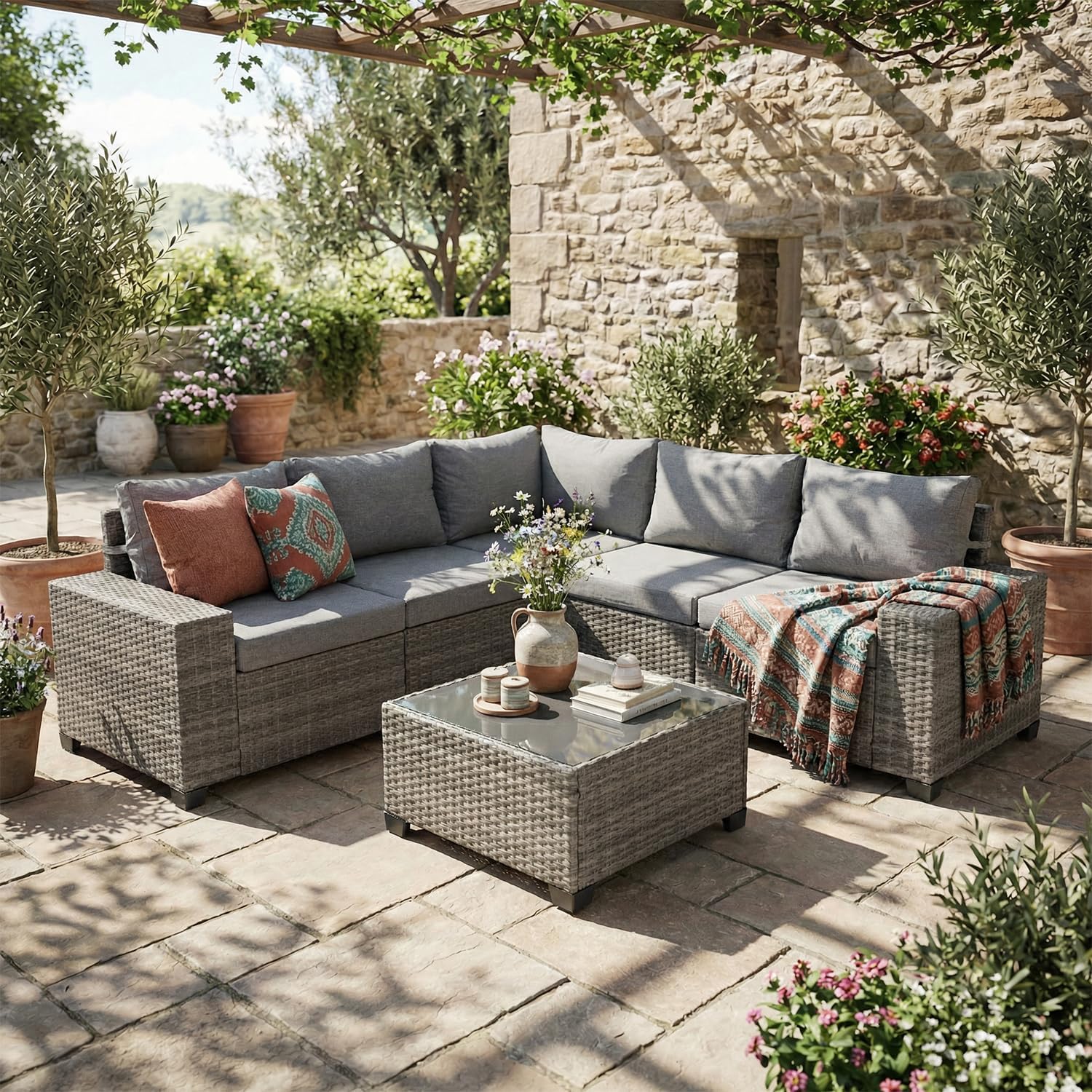 SUNSITT 6-Piece Patio Furniture Set, Outdoor Wicker Modular Sectional Sofa with 7.7-inch Wide Armrests & Thick Comfy Cushions, Glass Top Coffee Table, Rattan Conversation Set, Grey Color
