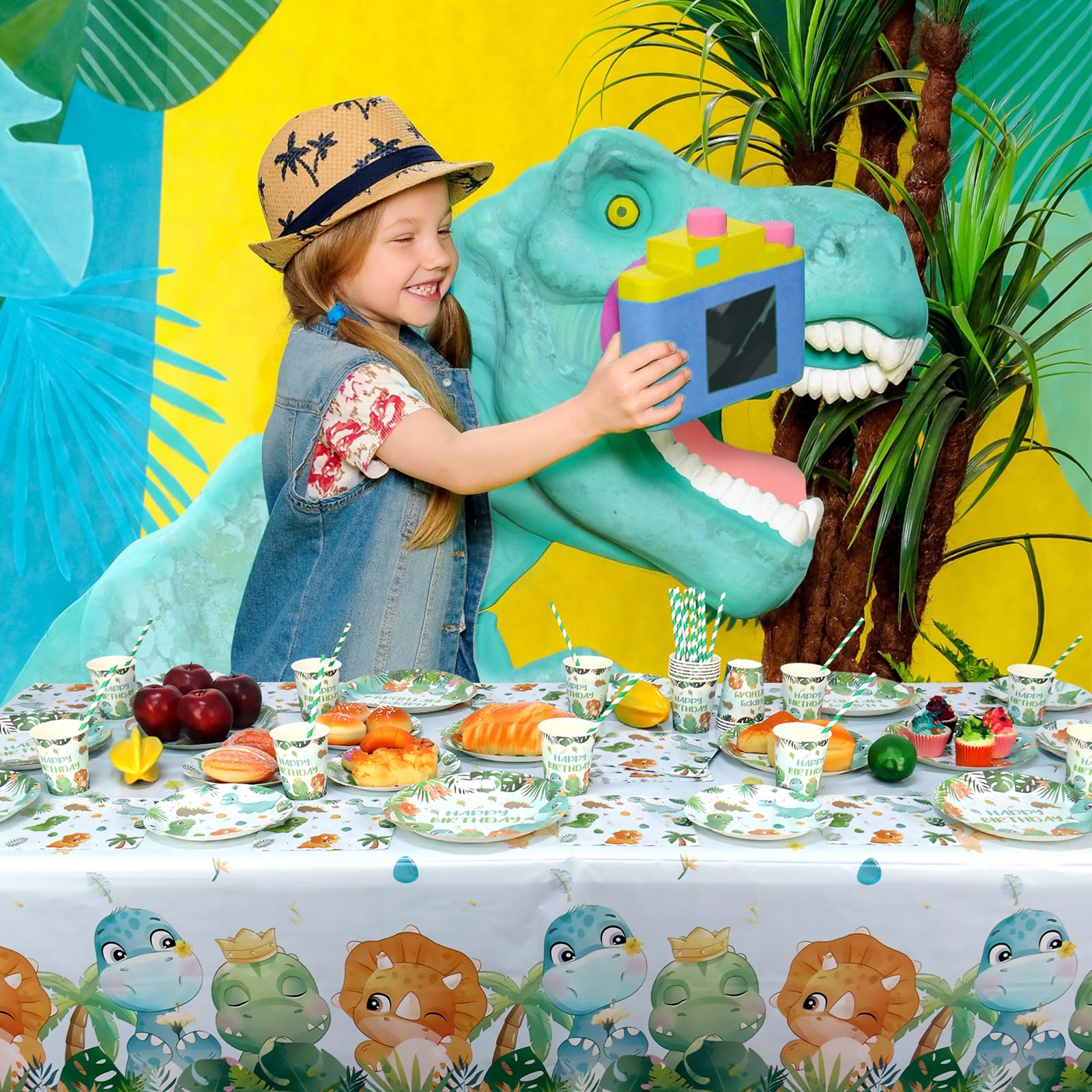 Decorazione per feste di compleanno con dinosauro, forniture per feste con dinosauri, include piatti, tovaglioli, tovaglie, stoviglie per ragazzi e ragazze baby shower (A)