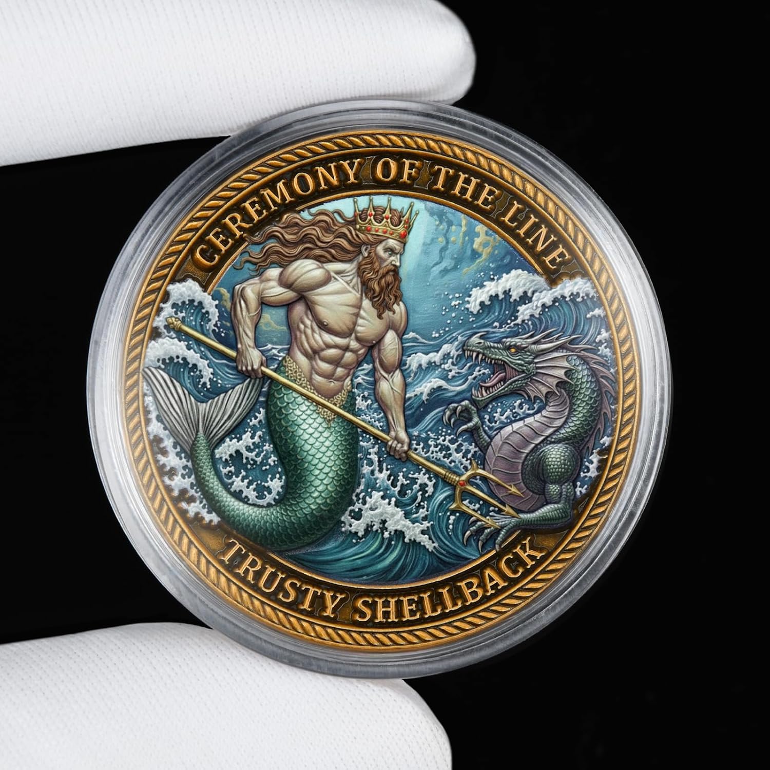 Navy Shellback Crossing The Line Challenge Coin – Trusty Shellback Ceremony Design with Colorful UV Details, Heavyweight Military Challenge Coin with Acrylic Case (1 Pack) image 4